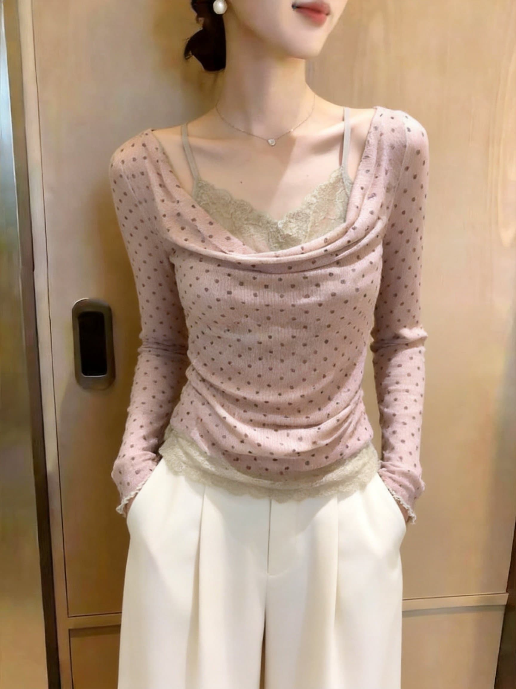 실사 페이크 레이어드 레이스 조각 흔들다 칼라 도트 무늬 긴팔 티셔츠 여성 가을 새로운 한국 스타일 품격 슬림해 보이는 맨위 상세 이미지 13