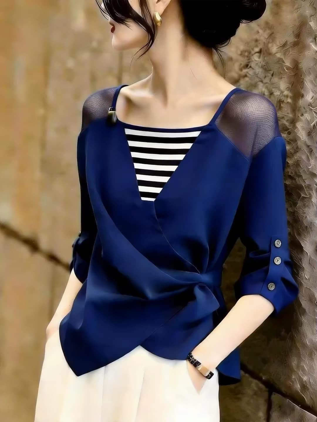 가을 새로운 프랑스식 디자인 센스 V넥 망사 패치워크 파란색 맨위 여성 슬림해 보이는 품격 작은 대중 인사이드 가져 가라. 이미지 3