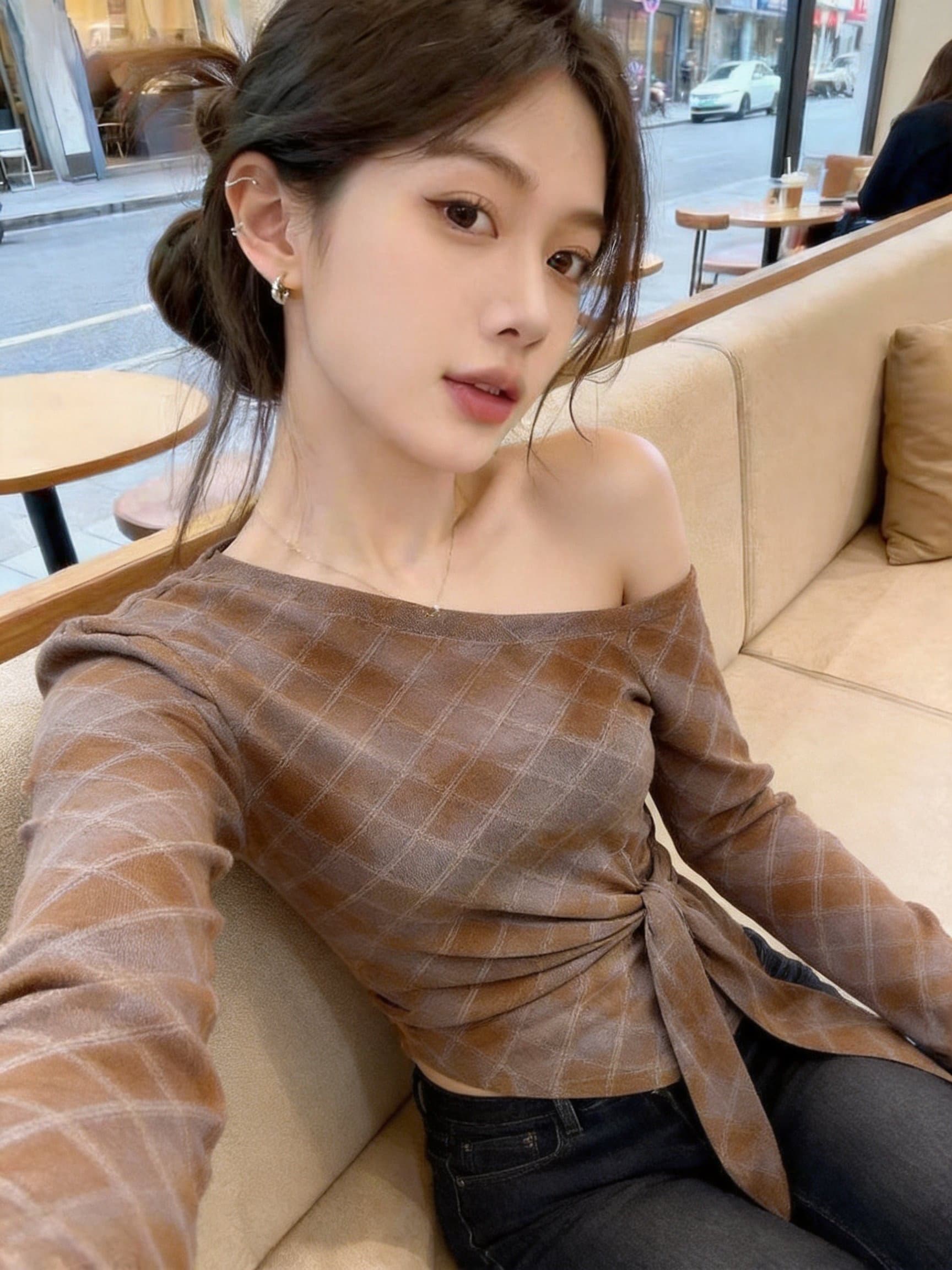 실사 이른 가을 새로운 레트로 체크무늬 비스듬한 어깨 오프숄더 긴팔 티셔츠 여성 허리 측면 레이스업 허리 수축 마이크로 ~을 통해 Tulle 분위기 이미지 2