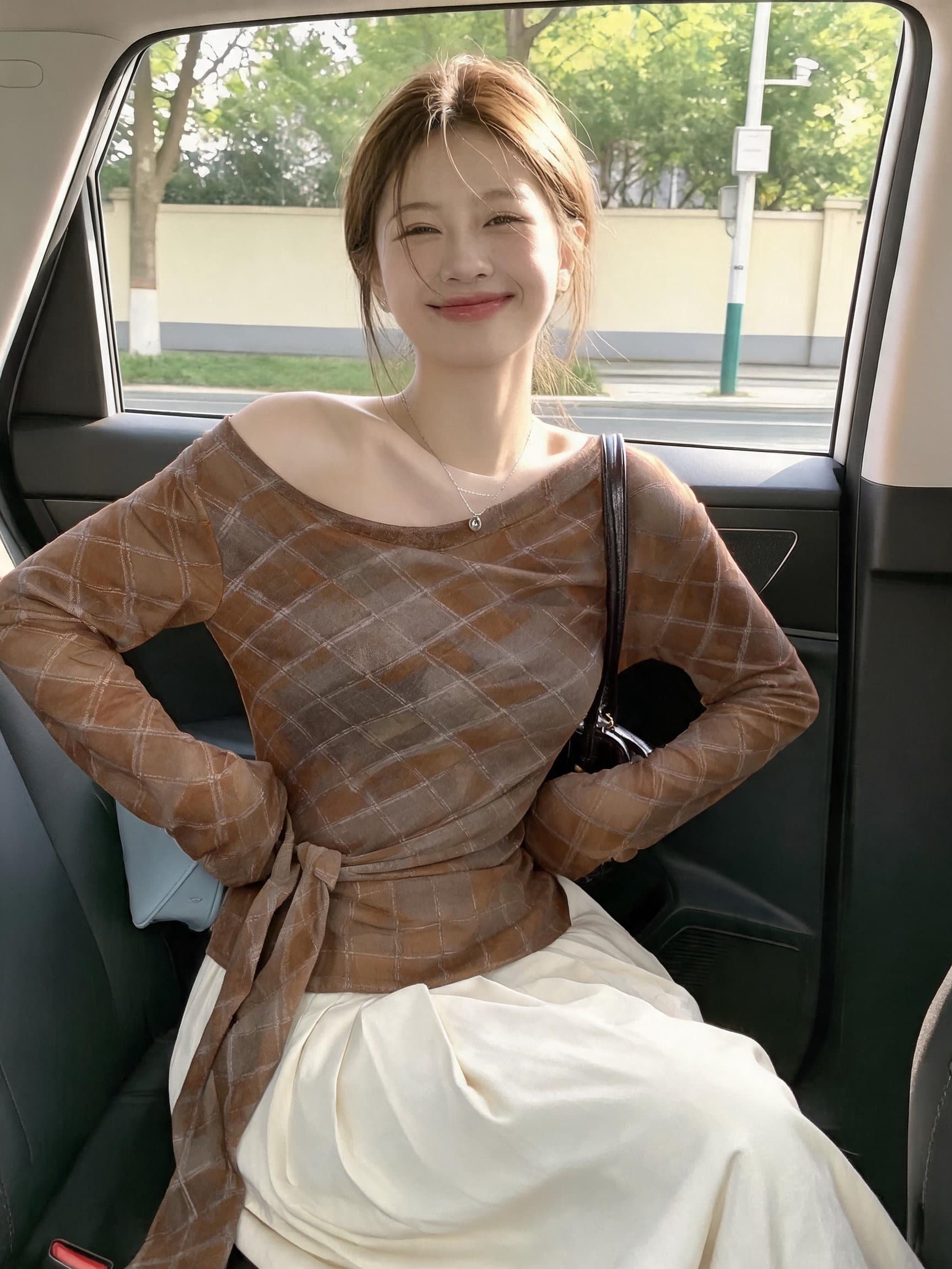 실사 이른 가을 새로운 레트로 체크무늬 비스듬한 어깨 오프숄더 긴팔 티셔츠 여성 허리 측면 레이스업 허리 수축 마이크로 ~을 통해 Tulle 분위기 상세 이미지 2