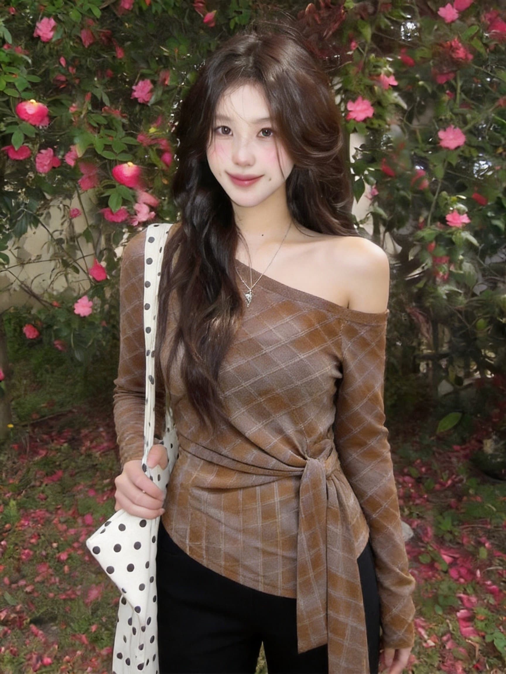 실사 이른 가을 새로운 레트로 체크무늬 비스듬한 어깨 오프숄더 긴팔 티셔츠 여성 허리 측면 레이스업 허리 수축 마이크로 ~을 통해 Tulle 분위기 상세 이미지 8