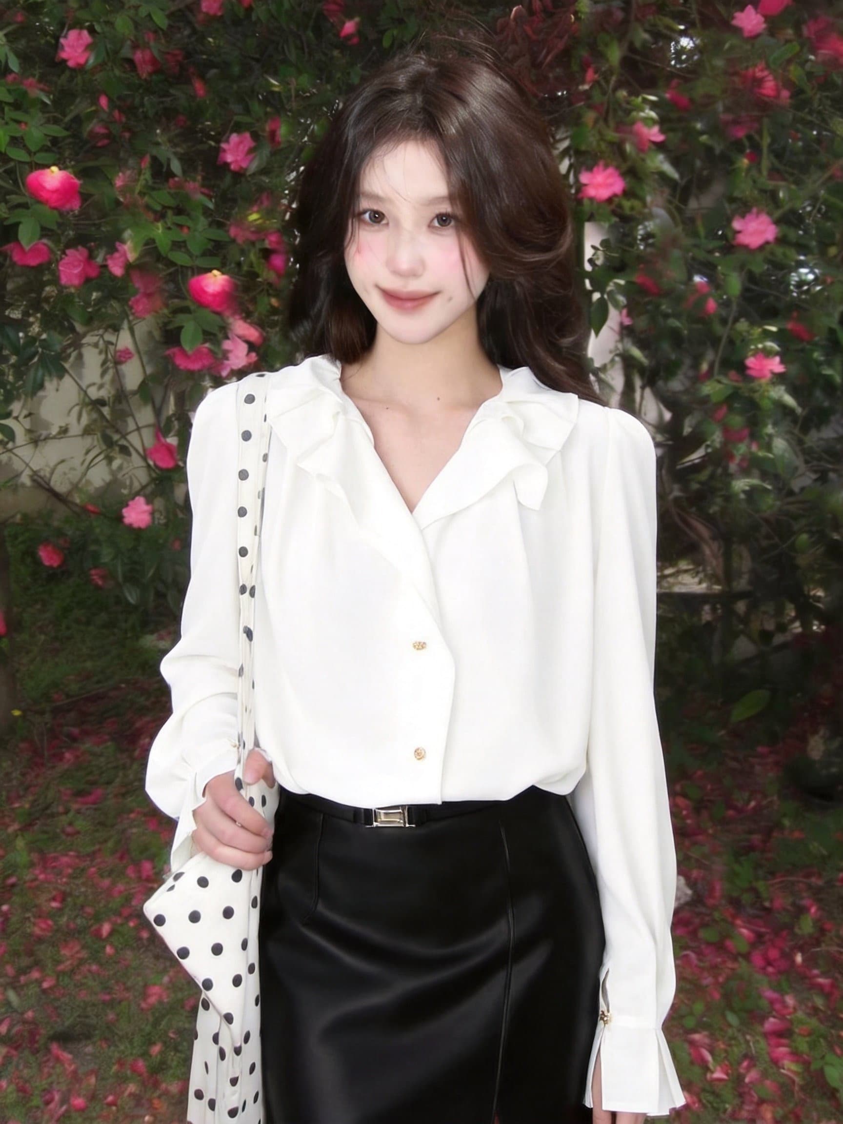 실사 출퇴근 루즈핏 프릴 칼라 여성 셔츠 새로운 미니멀리즘 디자인 센스 긴팔 셔츠 상세 이미지 4
