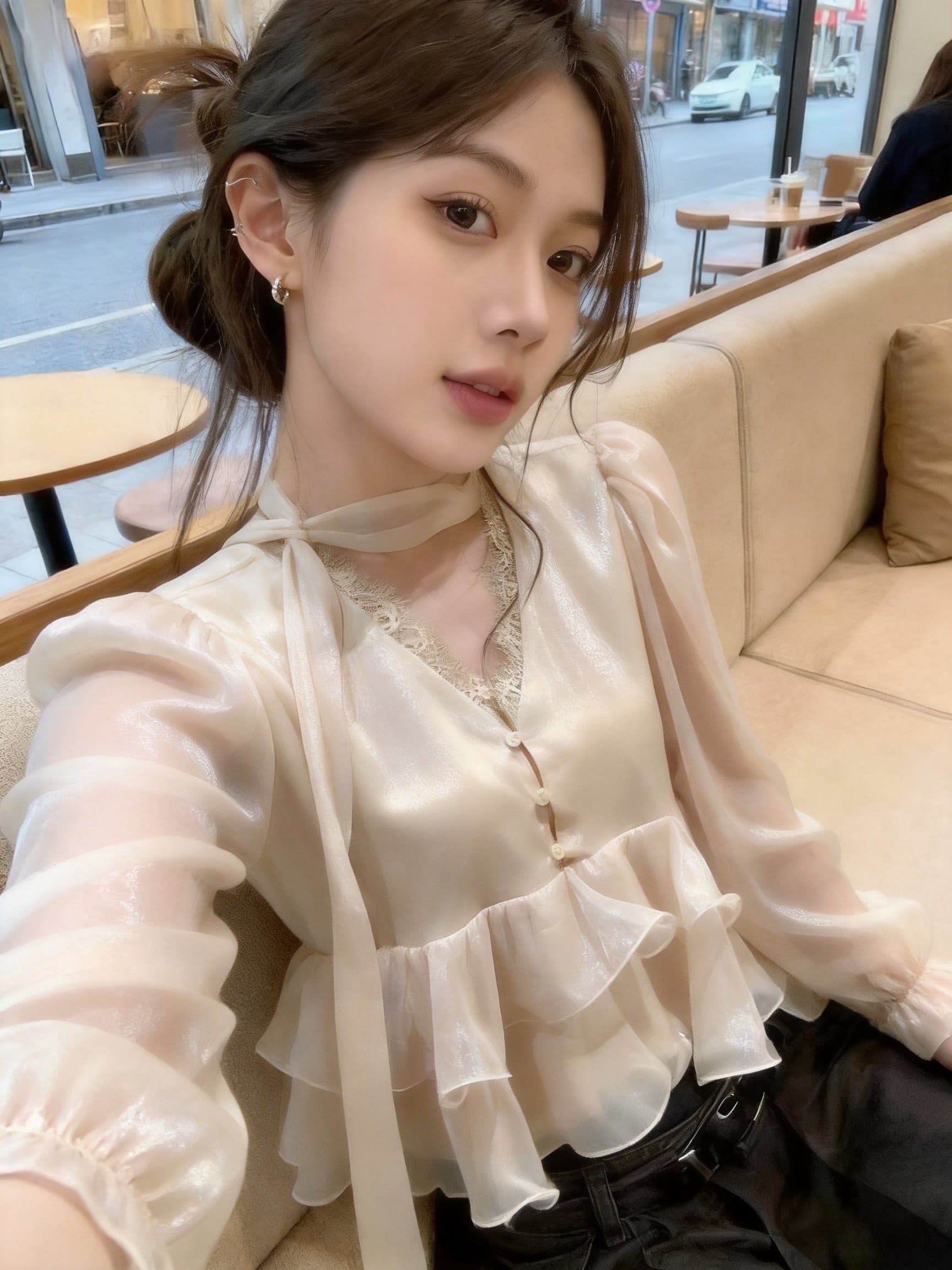 실사 이른 가을 프랑스식 V넥 광택 여성 셔츠 거품 소매 연꽃 잎 허리 수축 리본 부드러운 분위기 센스 짧은 상세 이미지 7