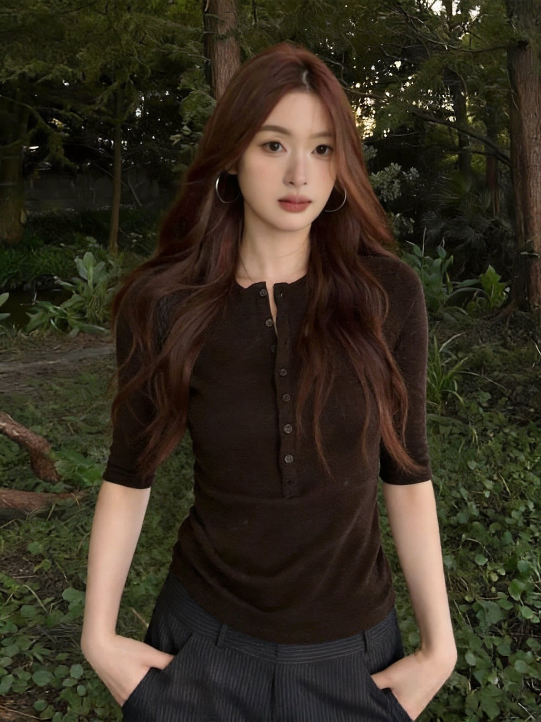 실사 이른 가을 새로운 한 부서 한 부서 5 점 소매 반팔 티셔츠 여성 반 개방 칼라 몸매 가꾸기 맨위 상세 이미지 3