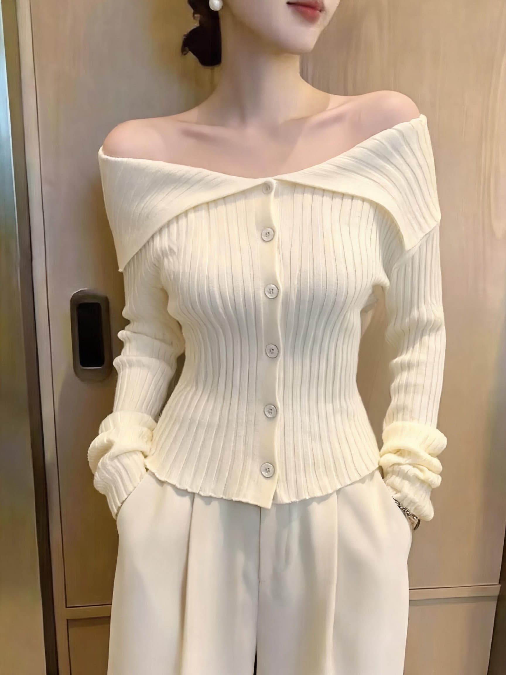 실사 가을 오프숄더 폴로 칼라 니트 오픈 가디건 여성 몸매 가꾸기 구덩이 기사 쇼트 스타일 긴팔 부드러운 슬림해 보이는 다용도 만나는 상세 이미지 15