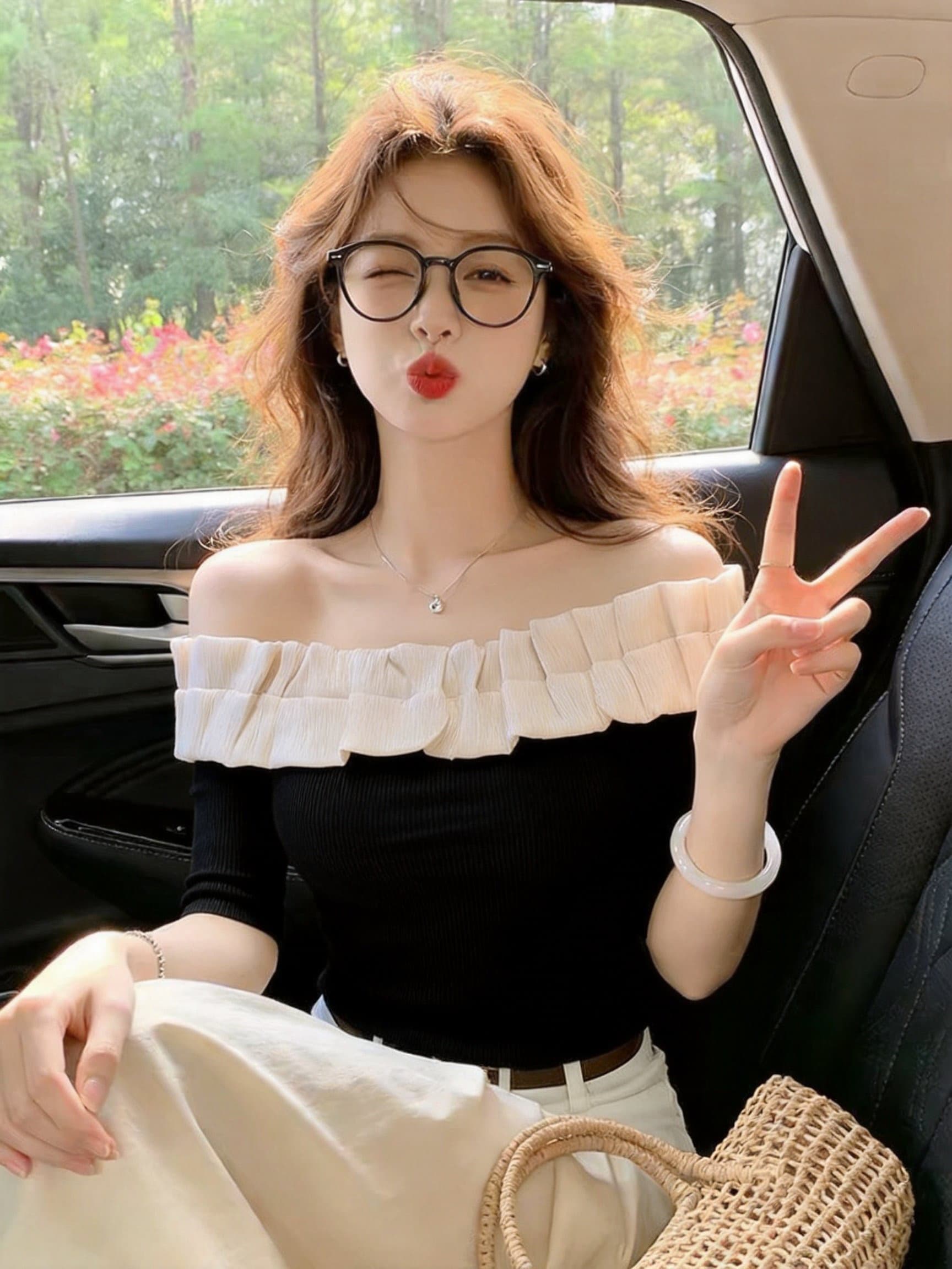 실사 새로운 한국 스타일 오프숄더 맨위 여성 다용도 슬림해 보이는 개성 오프숄더 티셔츠 상세 이미지 16