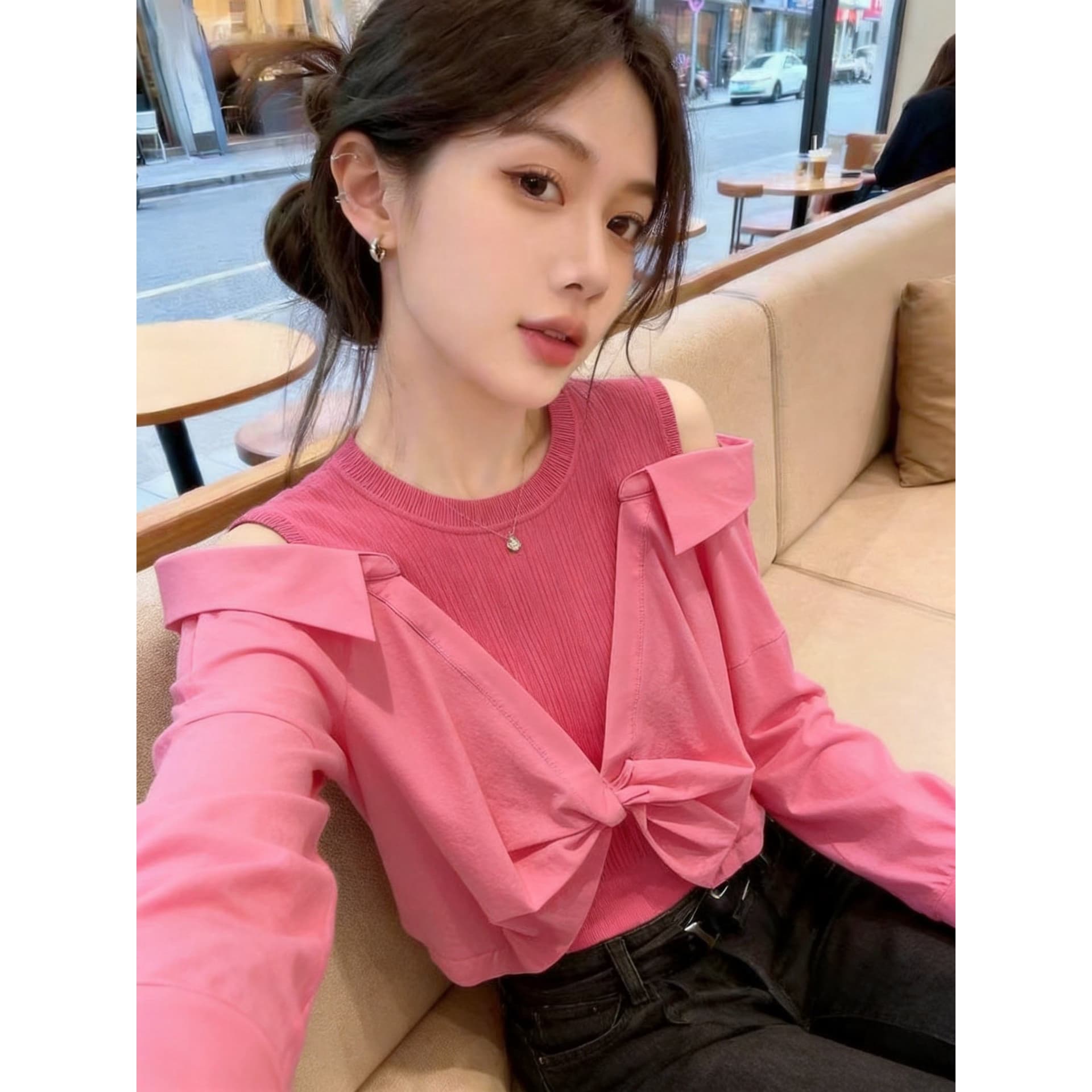 실사 페이크 레이어드 패치워크 긴팔 여성 셔츠 디자인 센스 작은 대중 고유 한 Chic 슈퍼 잘 생긴 오프숄더 아름다운 맨위 이미지 5