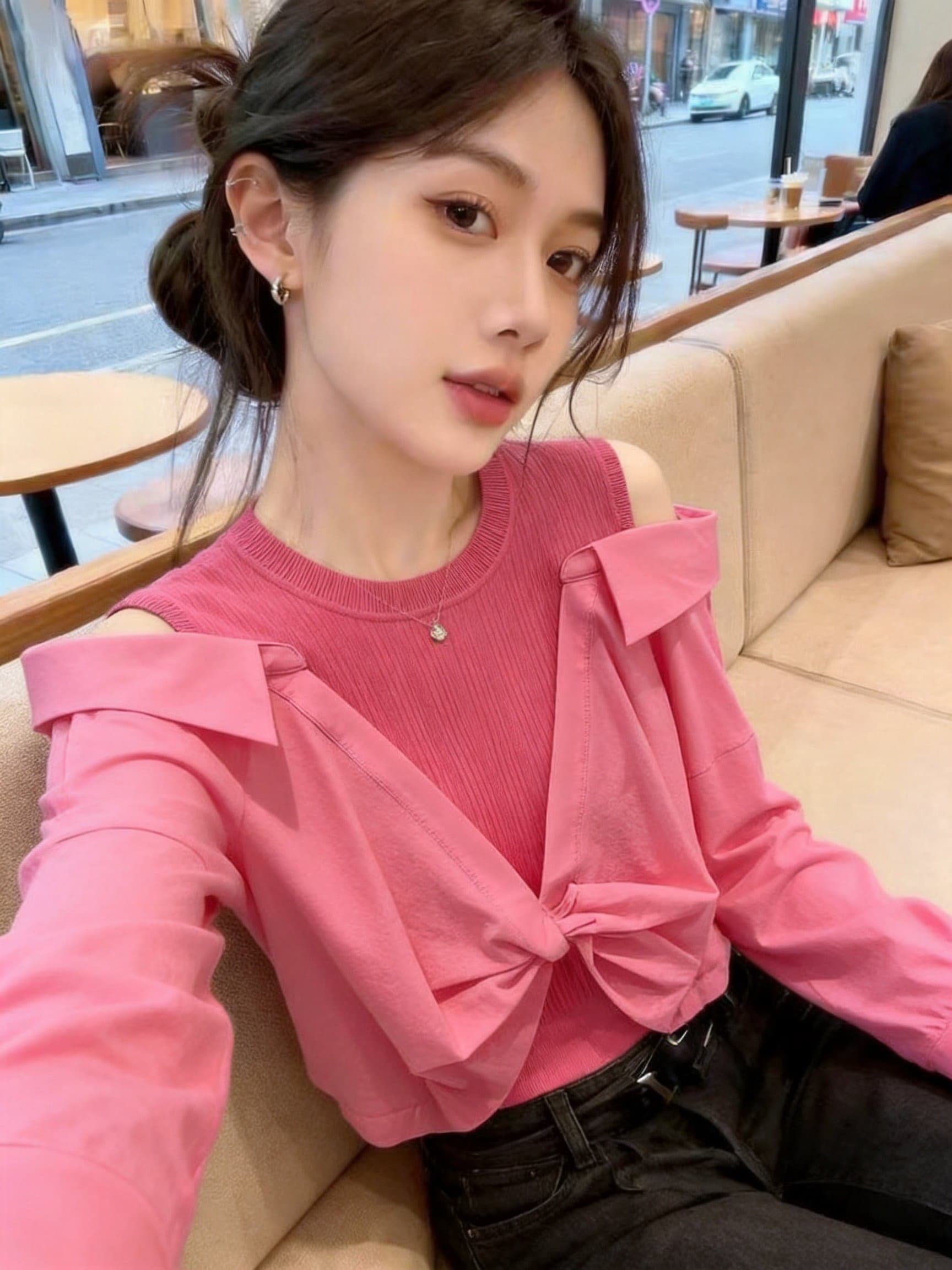 실사 페이크 레이어드 패치워크 긴팔 여성 셔츠 디자인 센스 작은 대중 고유 한 Chic 슈퍼 잘 생긴 오프숄더 아름다운 맨위 상세 이미지 2
