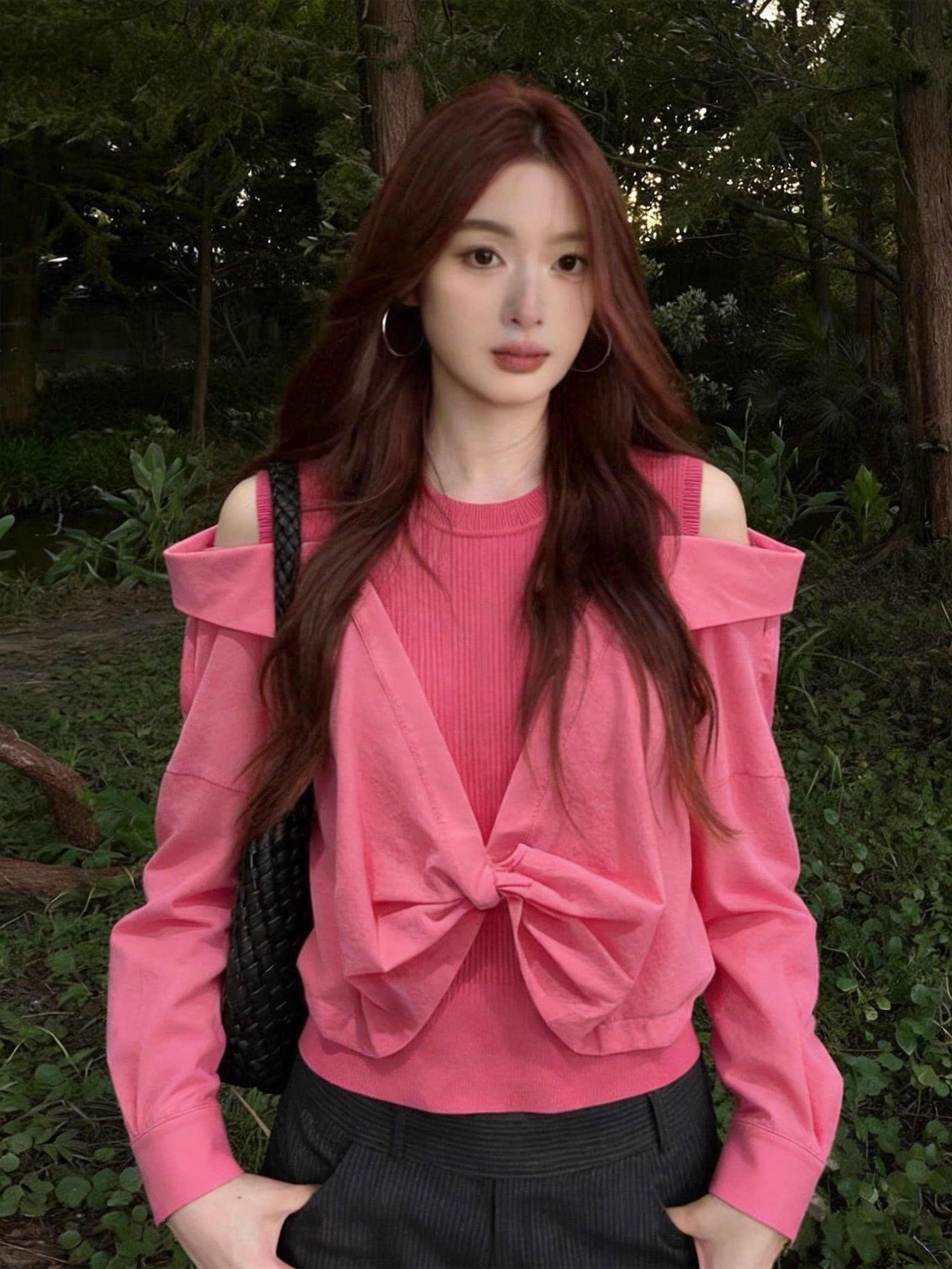 실사 페이크 레이어드 패치워크 긴팔 여성 셔츠 디자인 센스 작은 대중 고유 한 Chic 슈퍼 잘 생긴 오프숄더 아름다운 맨위 상세 이미지 20