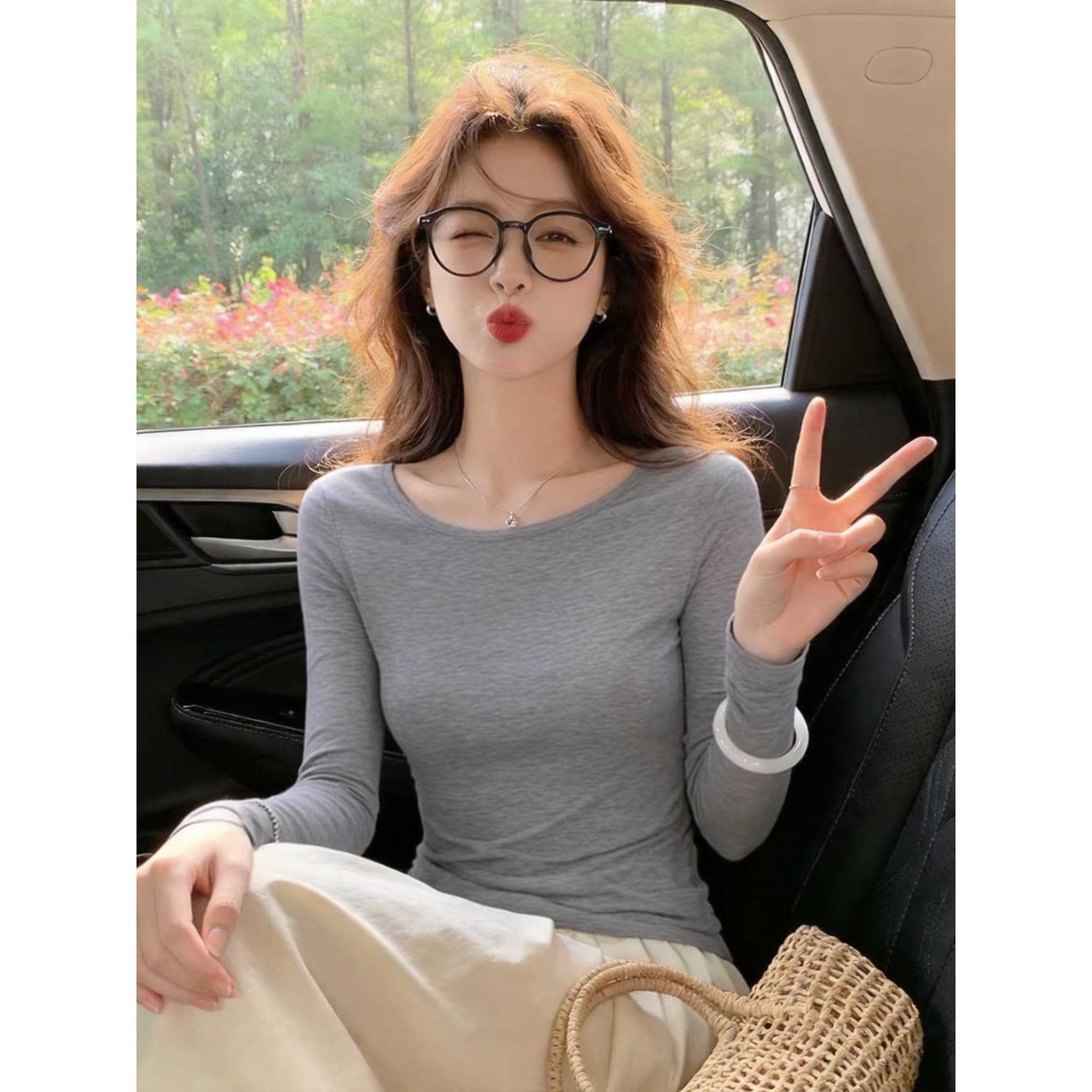 실사 회색 백리스 망사 패치워크 라운드 넥 긴팔 만나는 티셔츠 여성 디자인 센스 고유 한 슈퍼 잘 생긴 맨위 이미지 5
