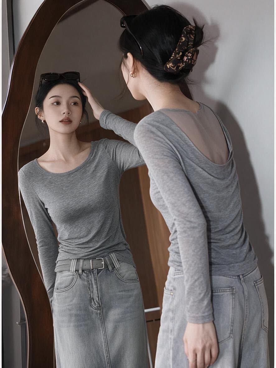 실사 회색 백리스 망사 패치워크 라운드 넥 긴팔 만나는 티셔츠 여성 디자인 센스 고유 한 슈퍼 잘 생긴 맨위 상세 이미지 1