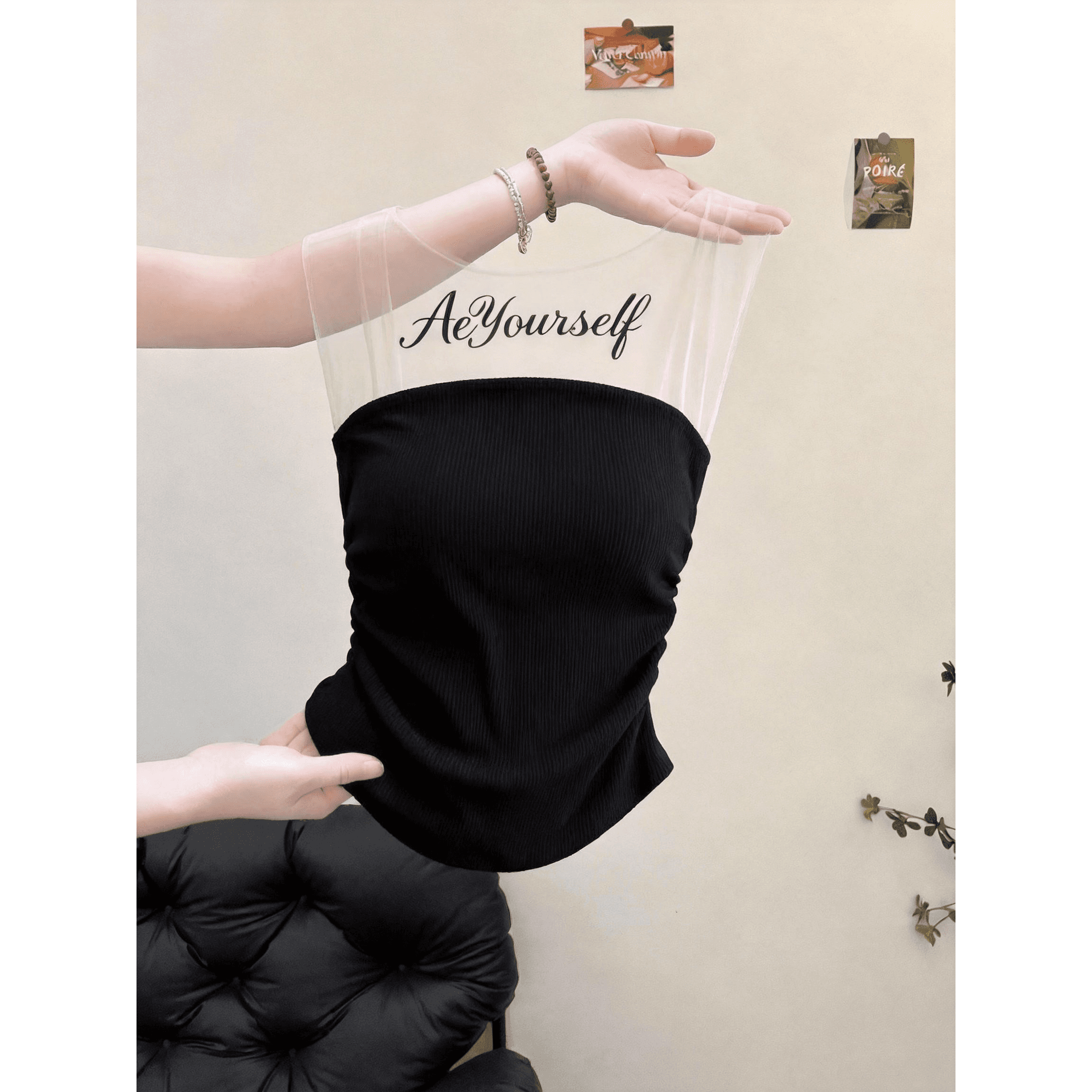 실사 검정색 망사 패치워크 알파벳 프린트 튜브탑 조끼 여성 핫걸 시스루 Chic 켜기 벨트 가슴 패드 이미지 5
