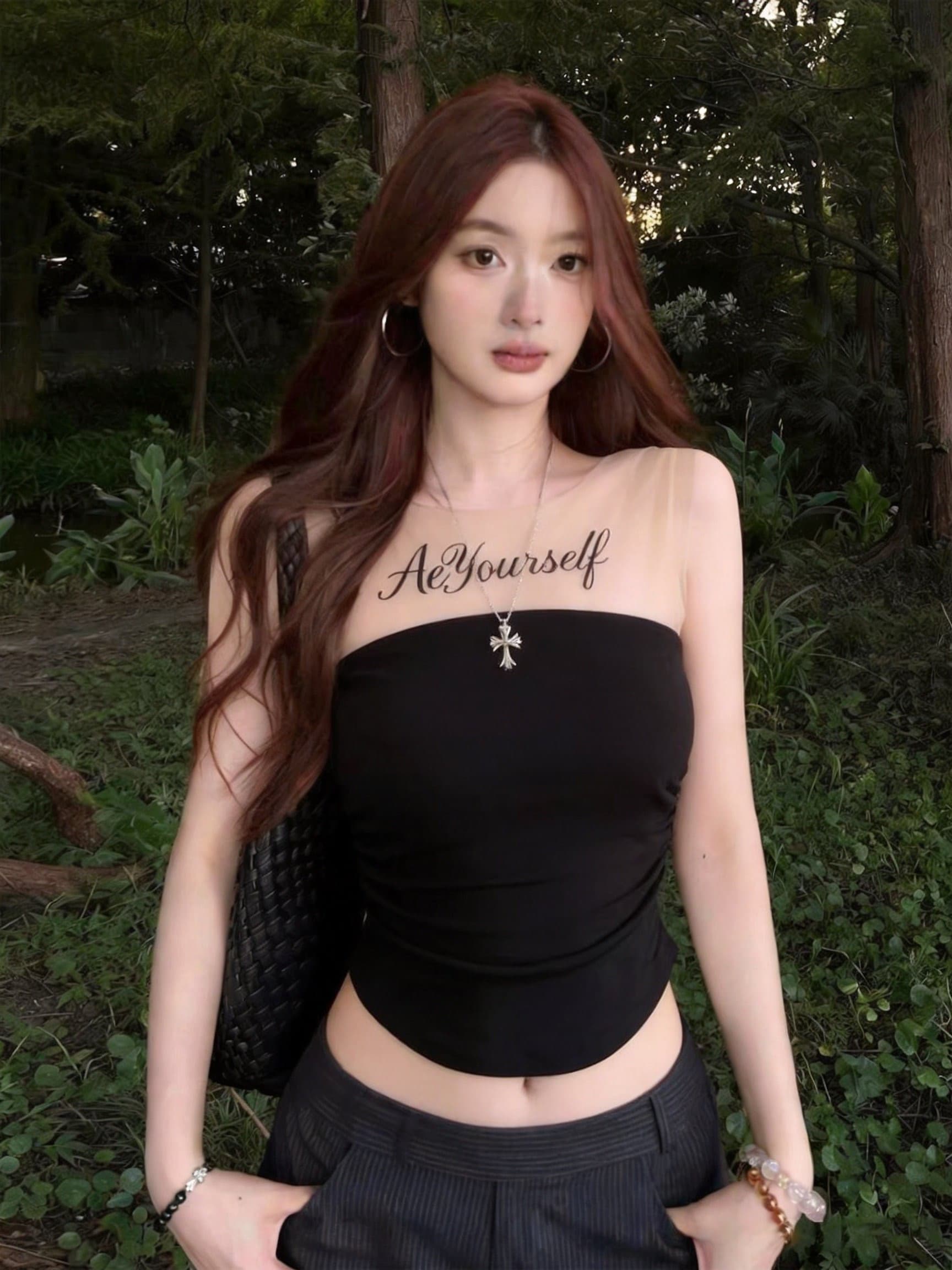 실사 검정색 망사 패치워크 알파벳 프린트 튜브탑 조끼 여성 핫걸 시스루 Chic 켜기 벨트 가슴 패드 상세 이미지 4