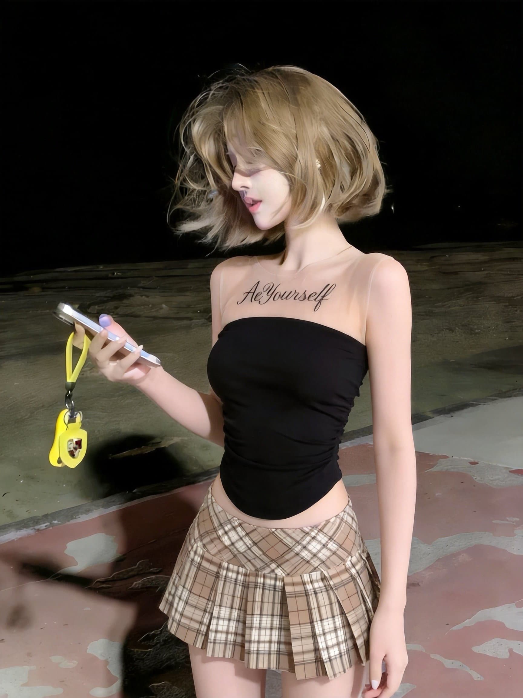 실사 검정색 망사 패치워크 알파벳 프린트 튜브탑 조끼 여성 핫걸 시스루 Chic 켜기 벨트 가슴 패드 상세 이미지 10