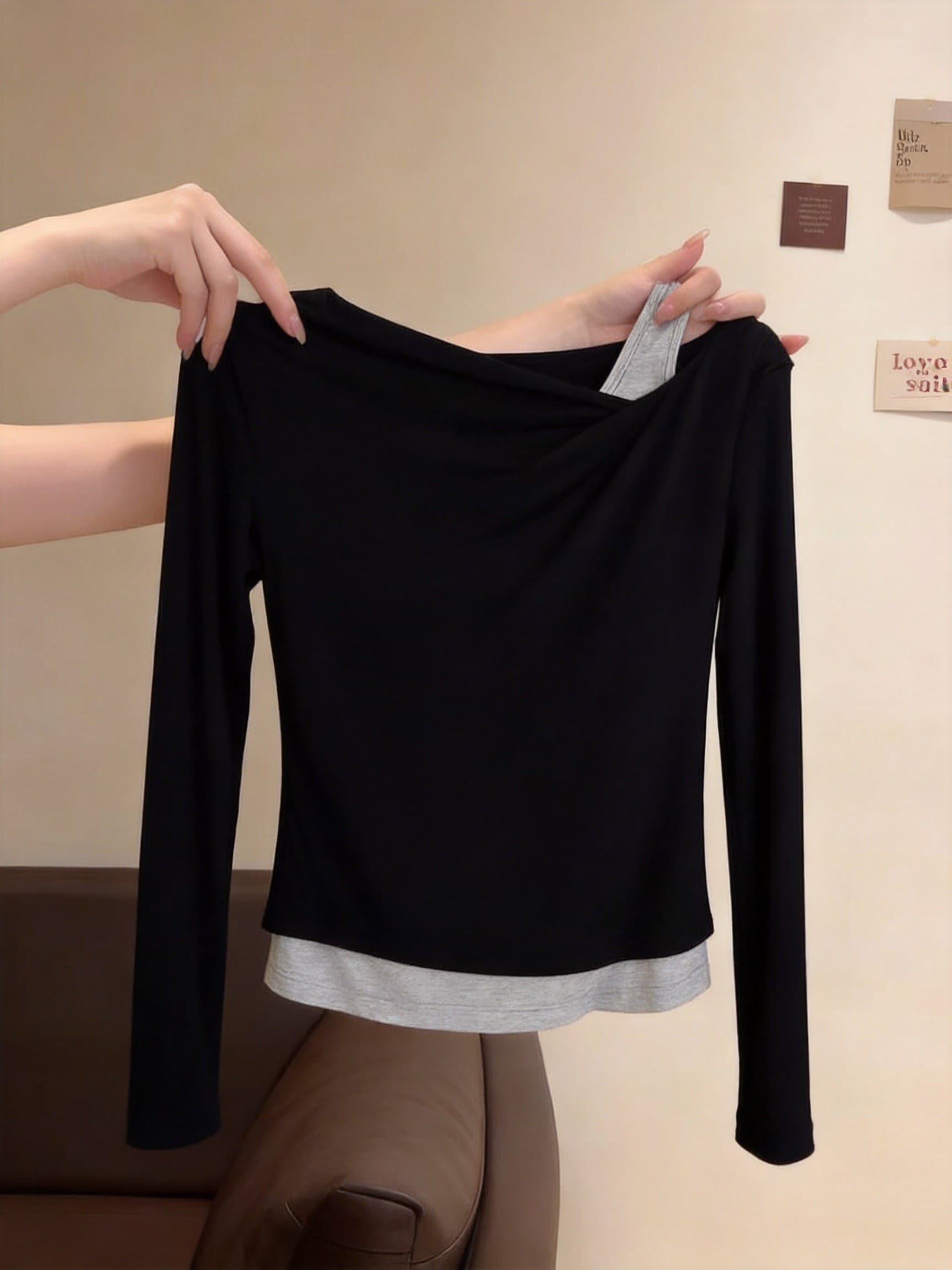 실사 주름 비스듬한 칼라 페이크 레이어드 긴팔 티셔츠 여성 새로운 순수한 욕망 바람 디스플레이 쇄골 기본 셔츠 몸매 가꾸기 짧은 맨위 상세 이미지 18