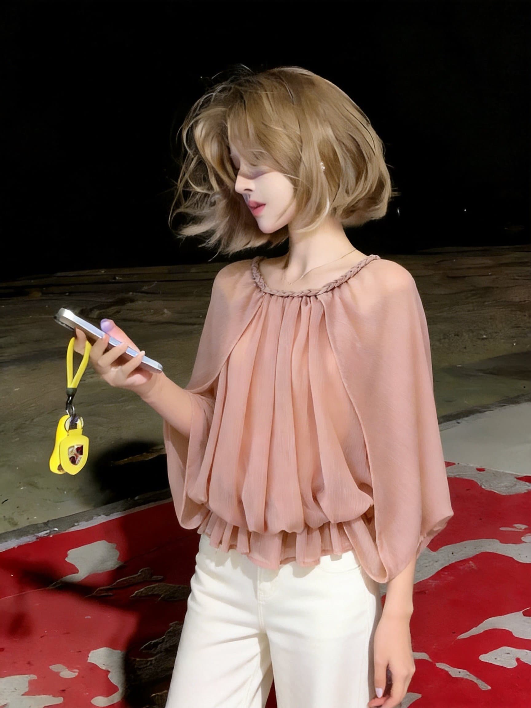 실사 부드러운 바람 망토 쉬폰 톱 여성 가을 짜임 칼라 루즈핏 요정 가스 표지 고기 배트윙 소매 작은 셔츠 상세 이미지 16
