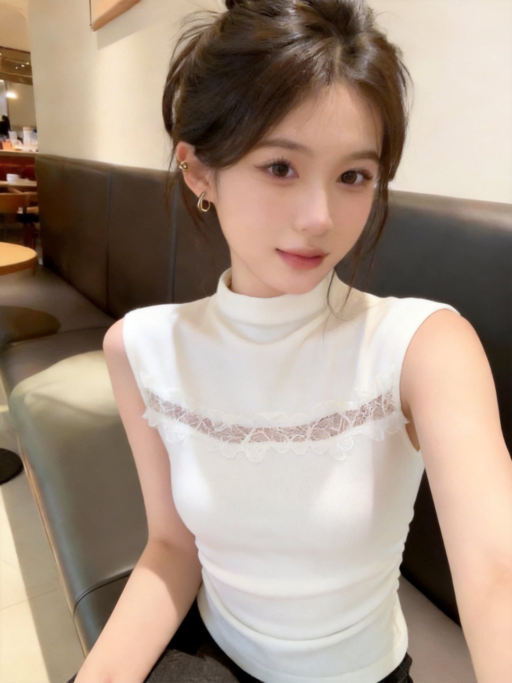실사 반하이넥 레이스 조각 민소매 티셔츠 여성 가을 주름 허리 수축 슬림해 보이는 출퇴근 인사이드 가져 가라. 기본 셔츠 상세 이미지 34