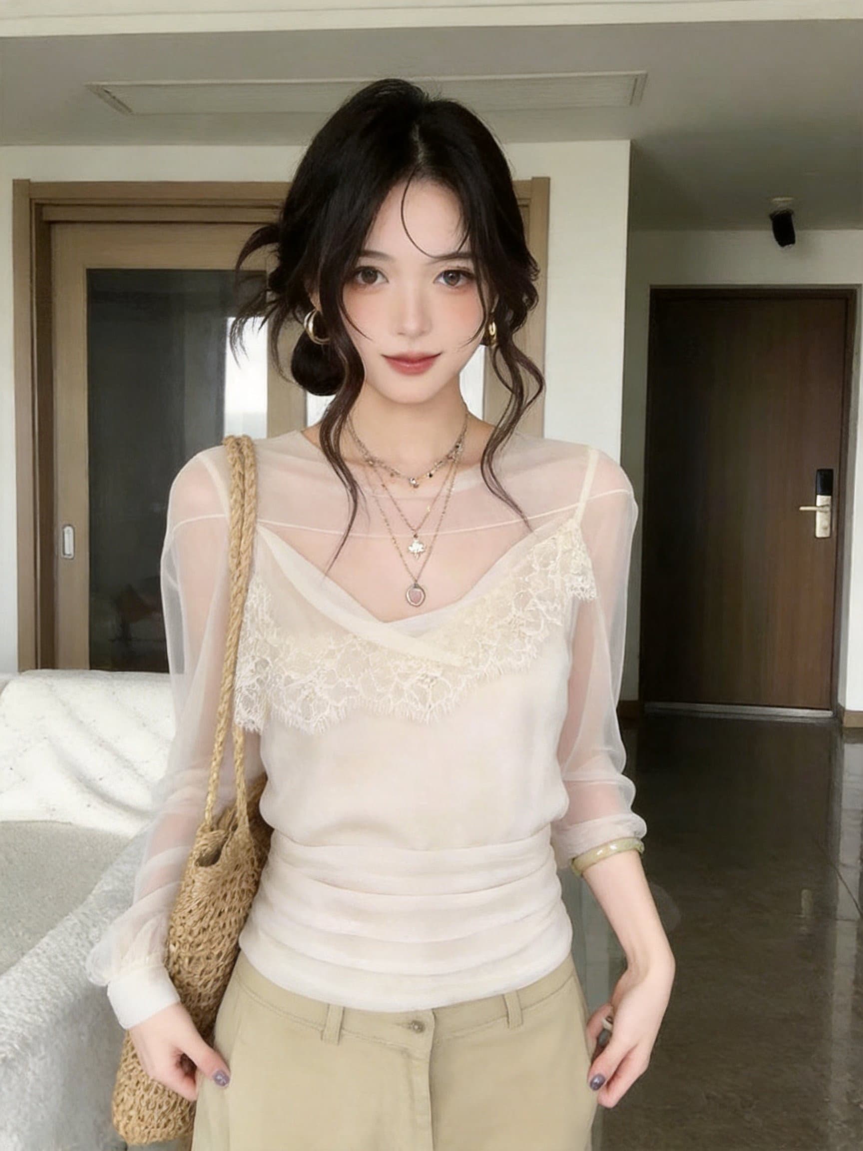 실사 프랑스식 리본 숄 레이스 흔들다 칼라 쉬폰 톱 여성 가을 허리 주름 슬림해 보이는 부드러운 바람 작은 셔츠 상세 이미지 11