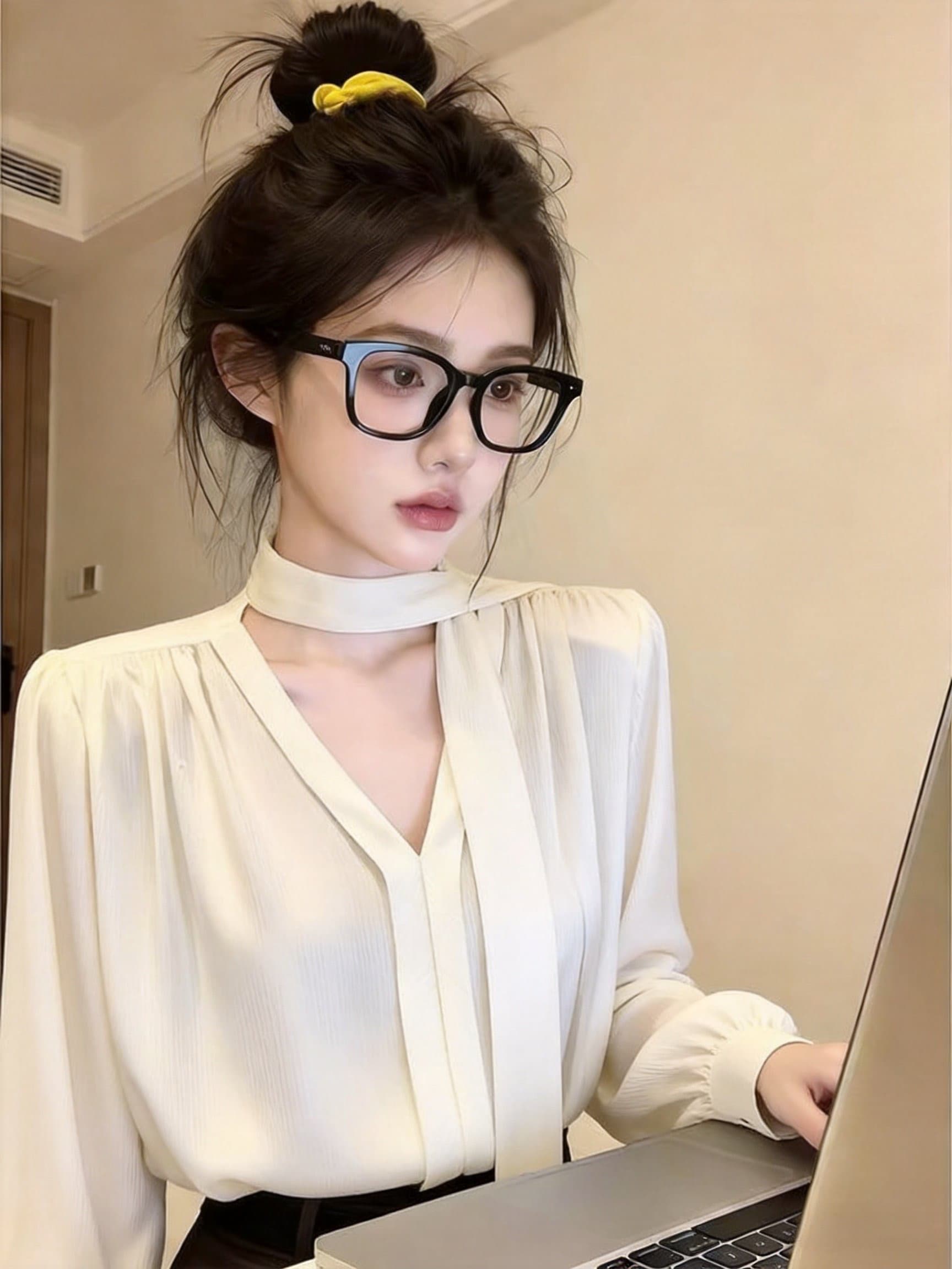실사 고급 센스 수직 곡물 새틴 리본 여성 셔츠 가을 V넥 거품 소매 품격 다용도 긴팔 맨위 상세 이미지 6
