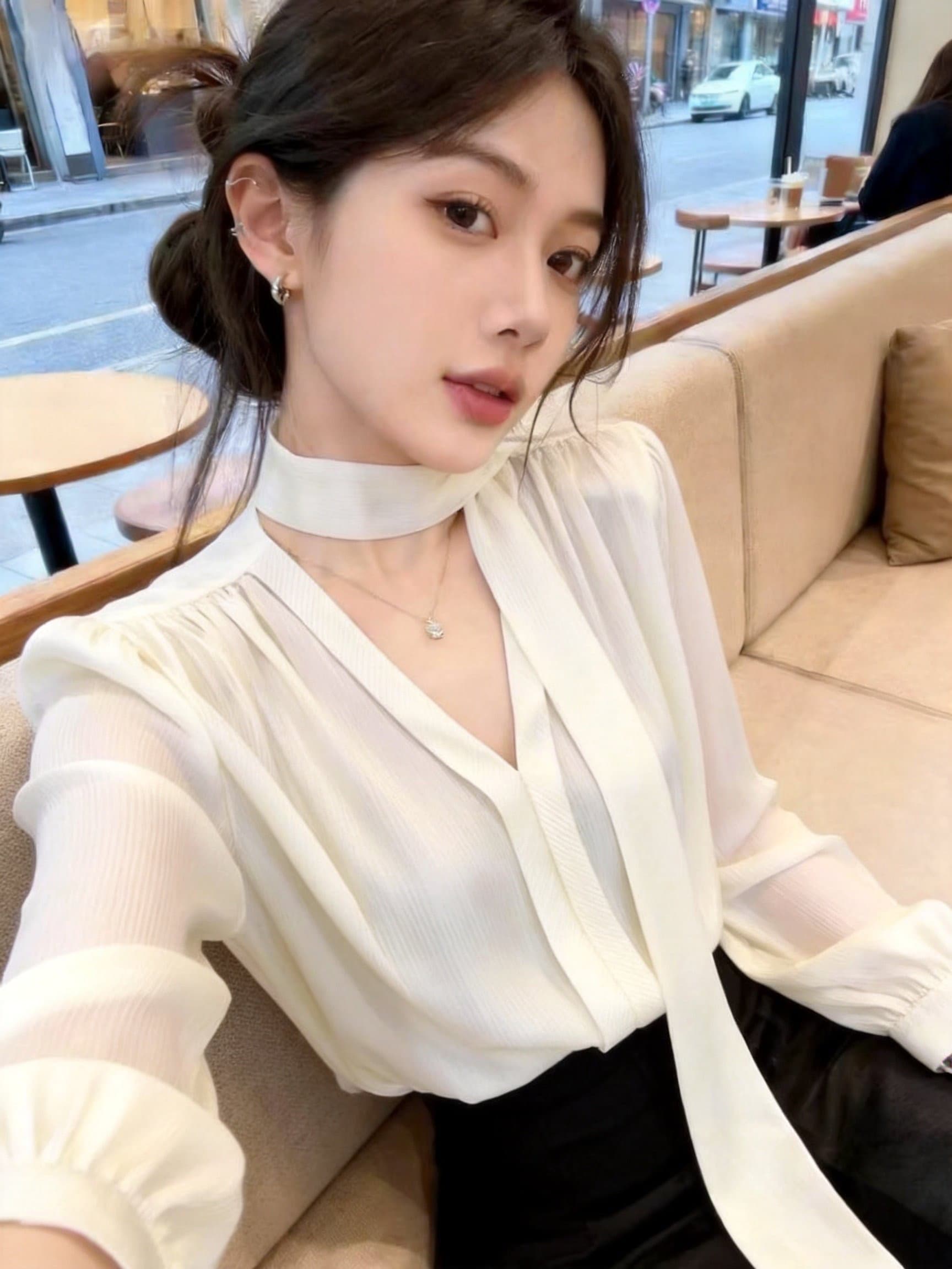 실사 고급 센스 수직 곡물 새틴 리본 여성 셔츠 가을 V넥 거품 소매 품격 다용도 긴팔 맨위 상세 이미지 19