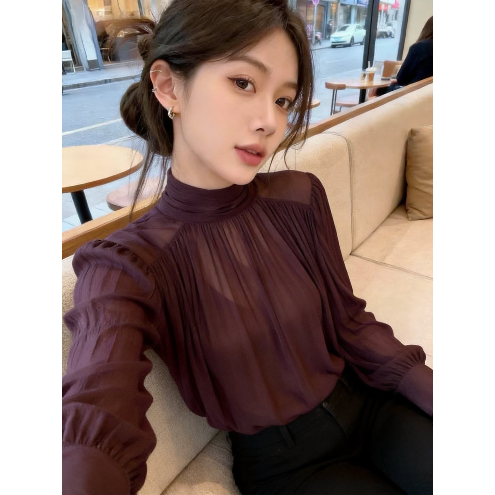 실사 프랑스식 품격 반하이넥 플리츠 쉬폰 톱 여성 가을 허리 수축 밑단 홀로우 아웃 뒤로 리본 긴팔 이미지 5
