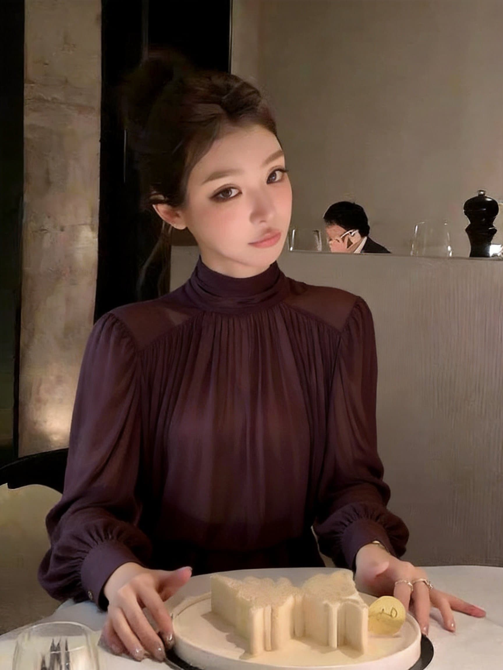 실사 프랑스식 품격 반하이넥 플리츠 쉬폰 톱 여성 가을 허리 수축 밑단 홀로우 아웃 뒤로 리본 긴팔 상세 이미지 12