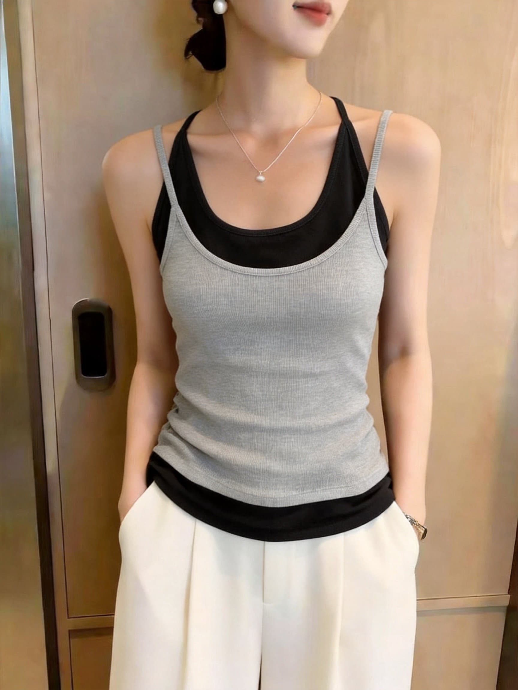 실사 페이크 레이어드 배색 y 단어 뒤로 캐미솔 가을 몸매 가꾸기 슬림해 보이는 인사이드 가져 가라. 스택 착용 민소매 만나는 켜기 상세 이미지 21