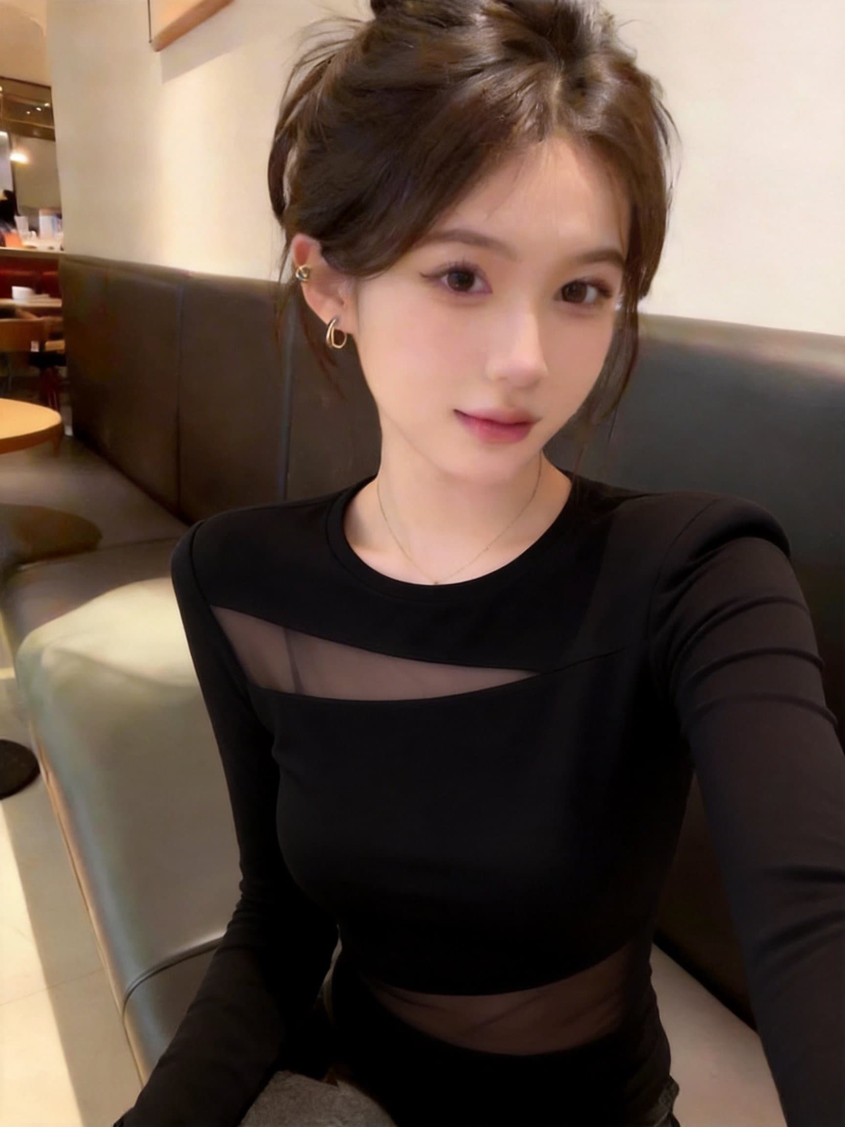 실사 핫걸 바람 망사 시스루 긴팔 검정색 티셔츠 여성 여름 새로운 몸매 가꾸기 슬림해 보이는 다용도 캐주얼 맨위 상세 이미지 15