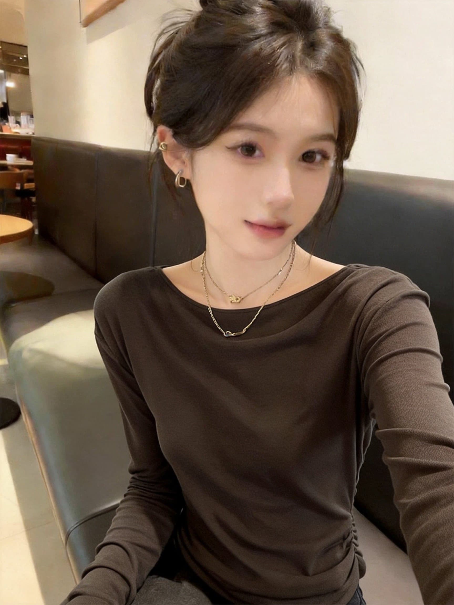 실사 바다 거북 녹색 프랑스식 느긋한 바람 품격 대 백리스 긴팔 맨위 뒤로 시스루 망사 슬림해 보이는 다용도 여성 상세 이미지 15