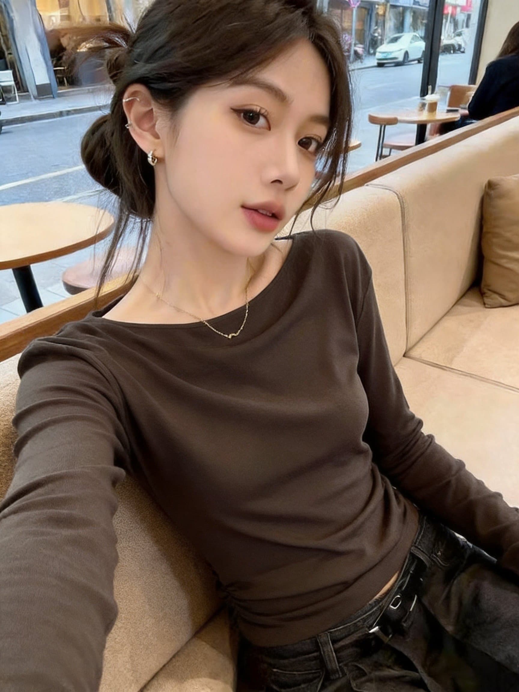실사 바다 거북 녹색 프랑스식 느긋한 바람 품격 대 백리스 긴팔 맨위 뒤로 시스루 망사 슬림해 보이는 다용도 여성 상세 이미지 17