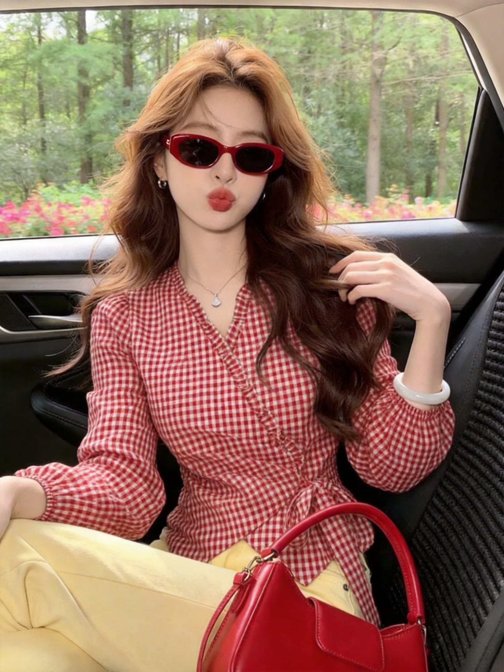 실사 프랑스식 V넥 레이스 체크무늬 긴팔 맨위 중복 매듭이 달린 레이스업 수신 소매 다용도 품격 여성 상세 이미지 8