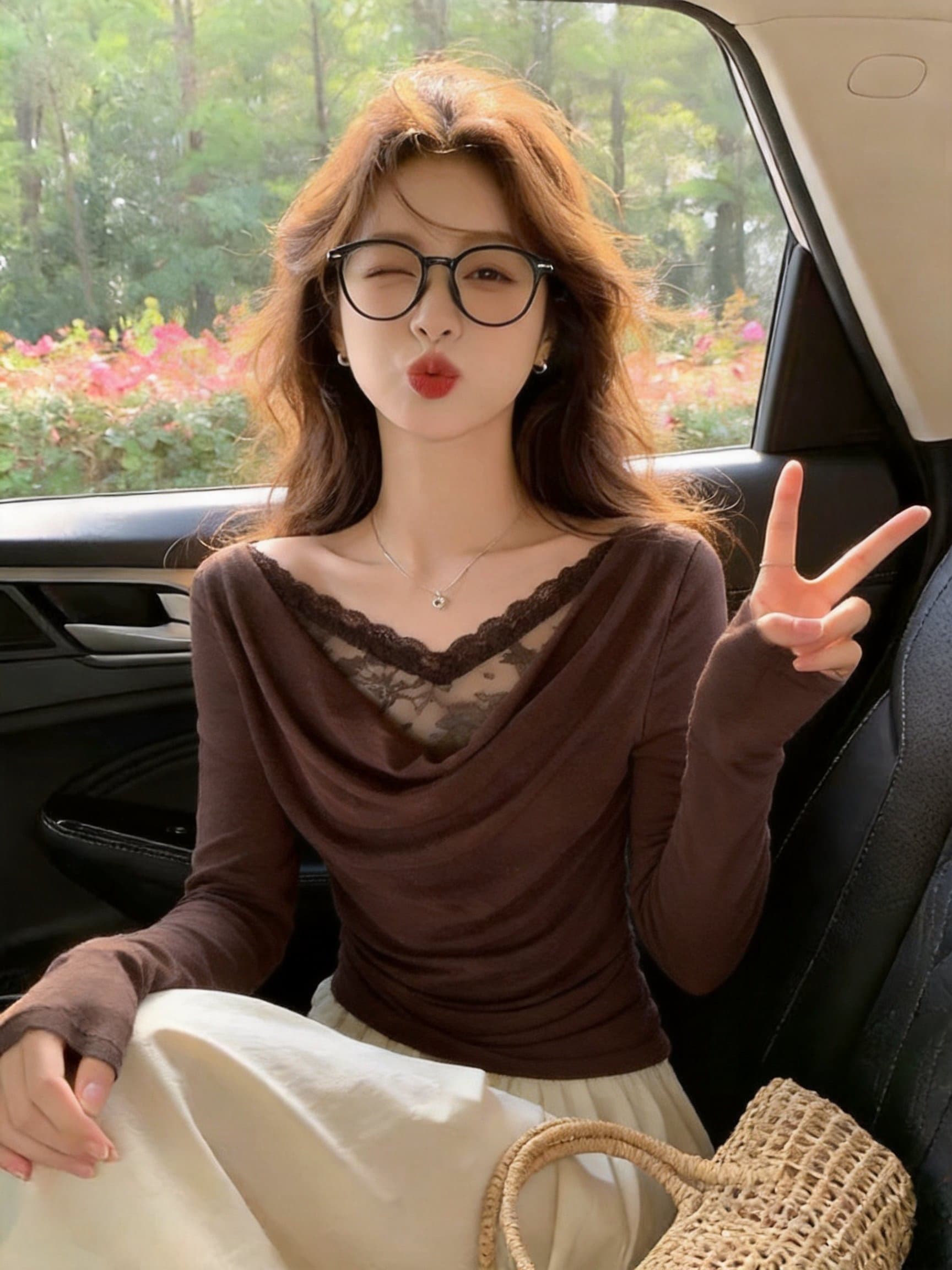 실사 레트로 흔들다 칼라 패치워크 레이스 긴팔 맨위 몸매 가꾸기 펌프 Pleat 품격 다용도 슬림해 보이는 여성 의류 상세 이미지 3