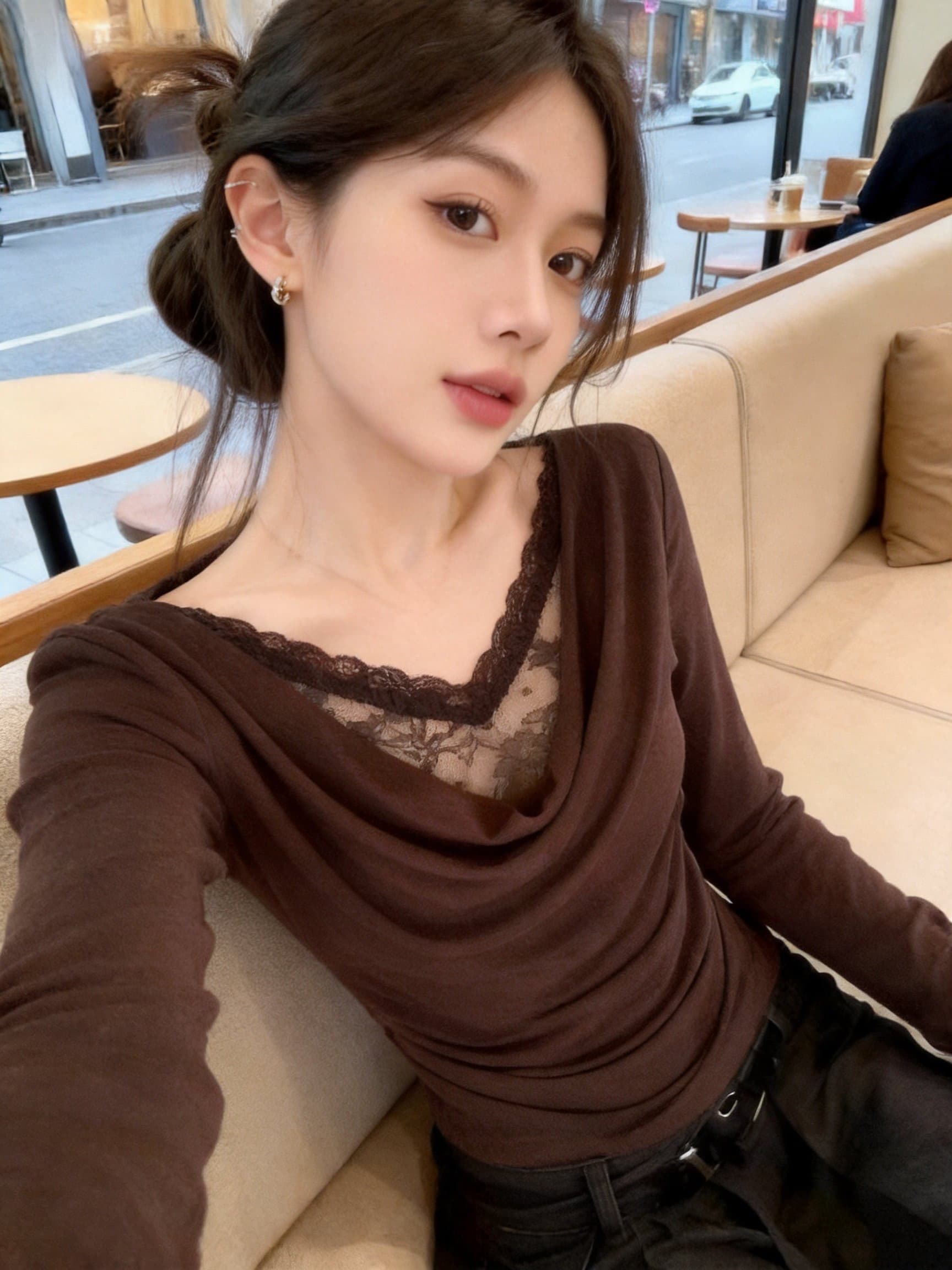 실사 레트로 흔들다 칼라 패치워크 레이스 긴팔 맨위 몸매 가꾸기 펌프 Pleat 품격 다용도 슬림해 보이는 여성 의류 상세 이미지 15