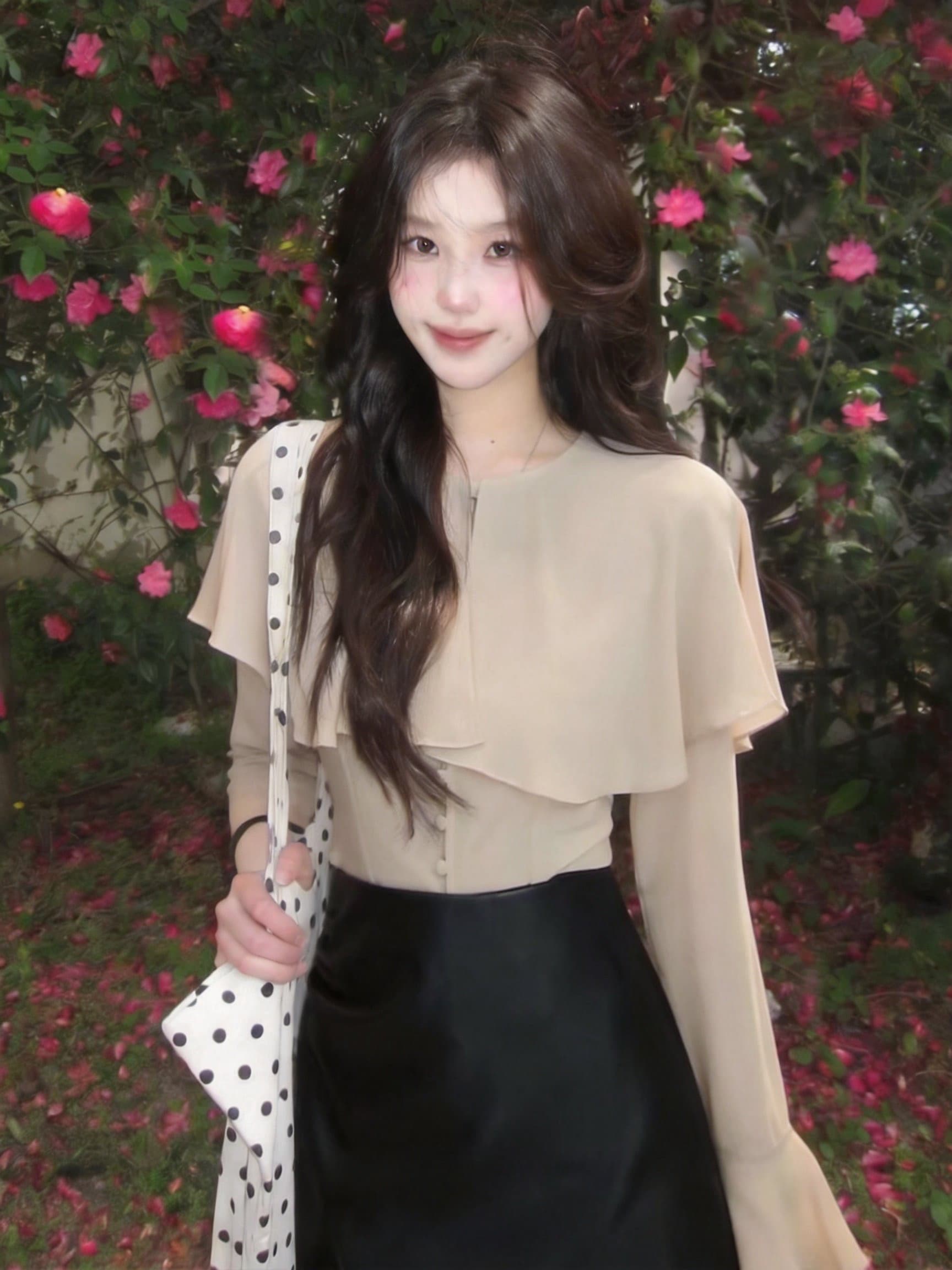 실사 프랑스식 라운드 넥 숄 단추 긴팔 맨위 3 차원 허리 수축 패치워크 펌프 Pleat 우아함 품격 상세 이미지 2