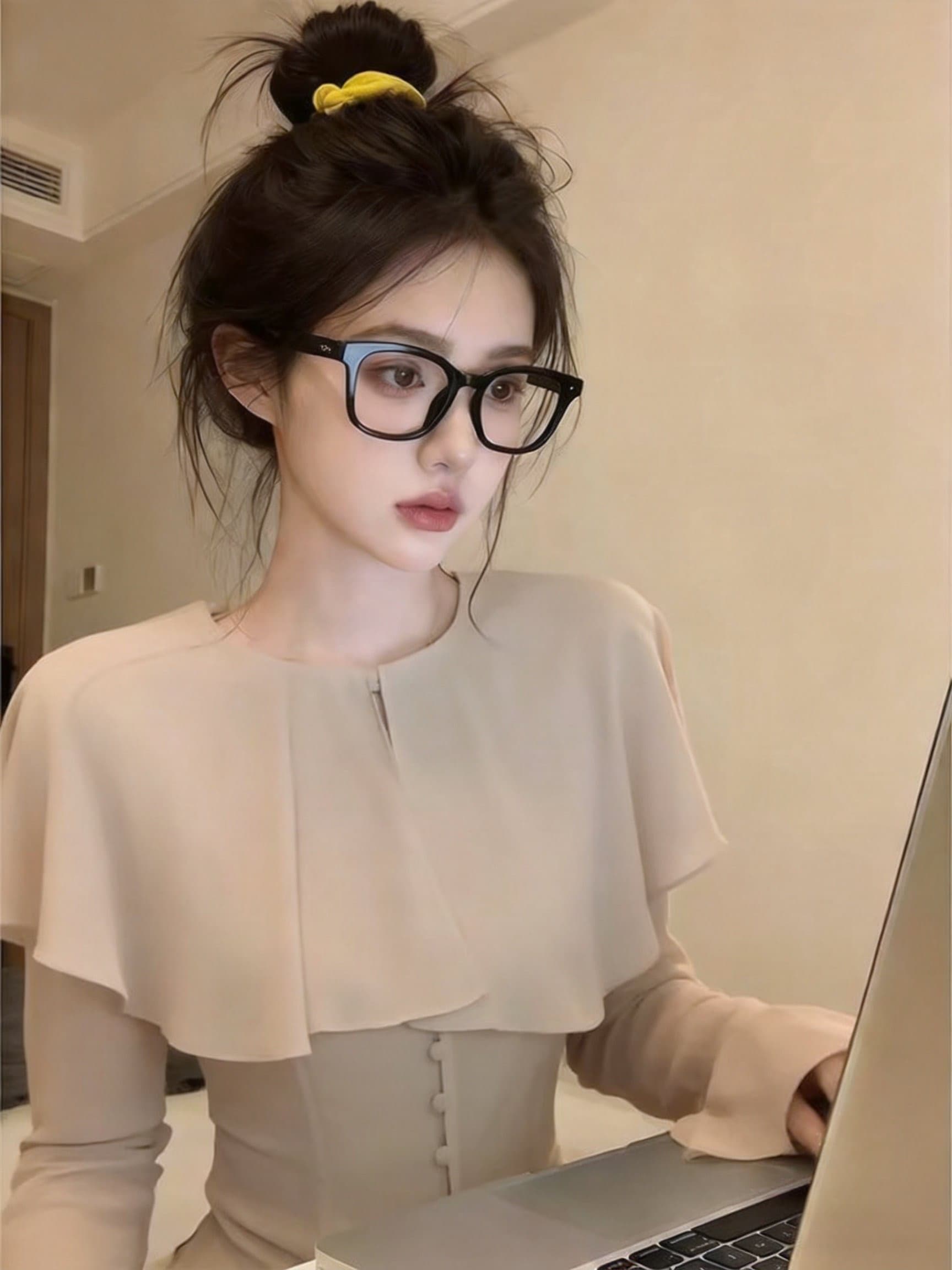 실사 프랑스식 라운드 넥 숄 단추 긴팔 맨위 3 차원 허리 수축 패치워크 펌프 Pleat 우아함 품격 상세 이미지 4
