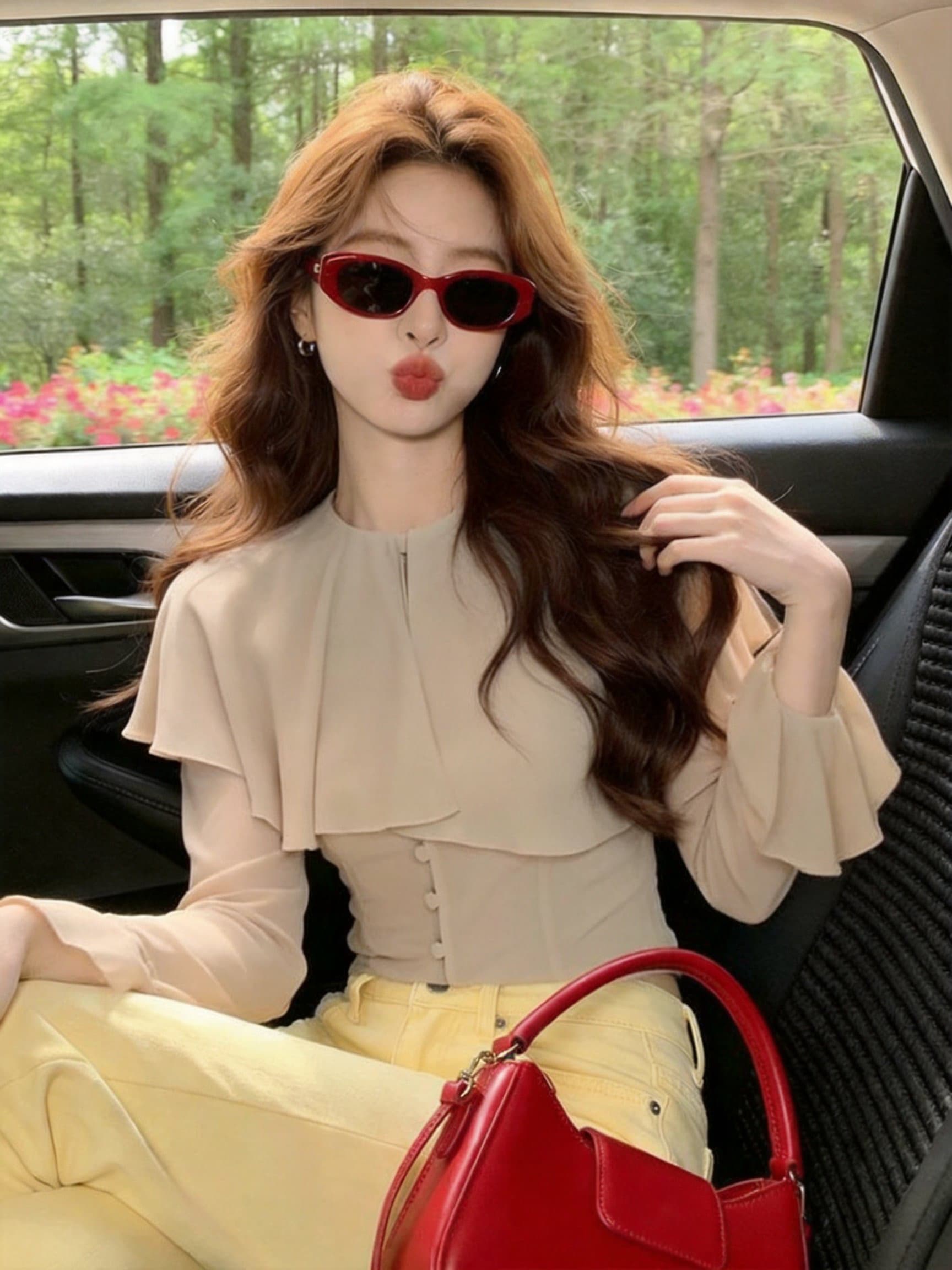 실사 프랑스식 라운드 넥 숄 단추 긴팔 맨위 3 차원 허리 수축 패치워크 펌프 Pleat 우아함 품격 상세 이미지 15
