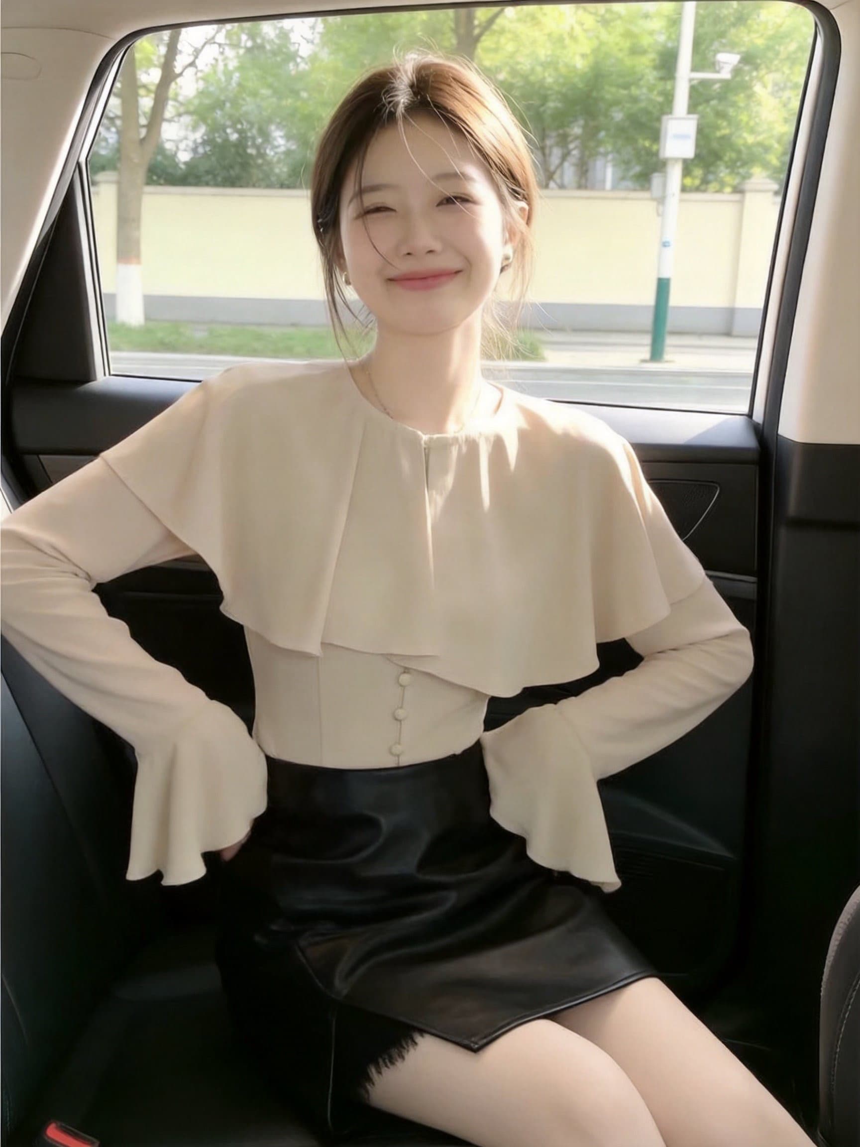 실사 프랑스식 라운드 넥 숄 단추 긴팔 맨위 3 차원 허리 수축 패치워크 펌프 Pleat 우아함 품격 상세 이미지 16