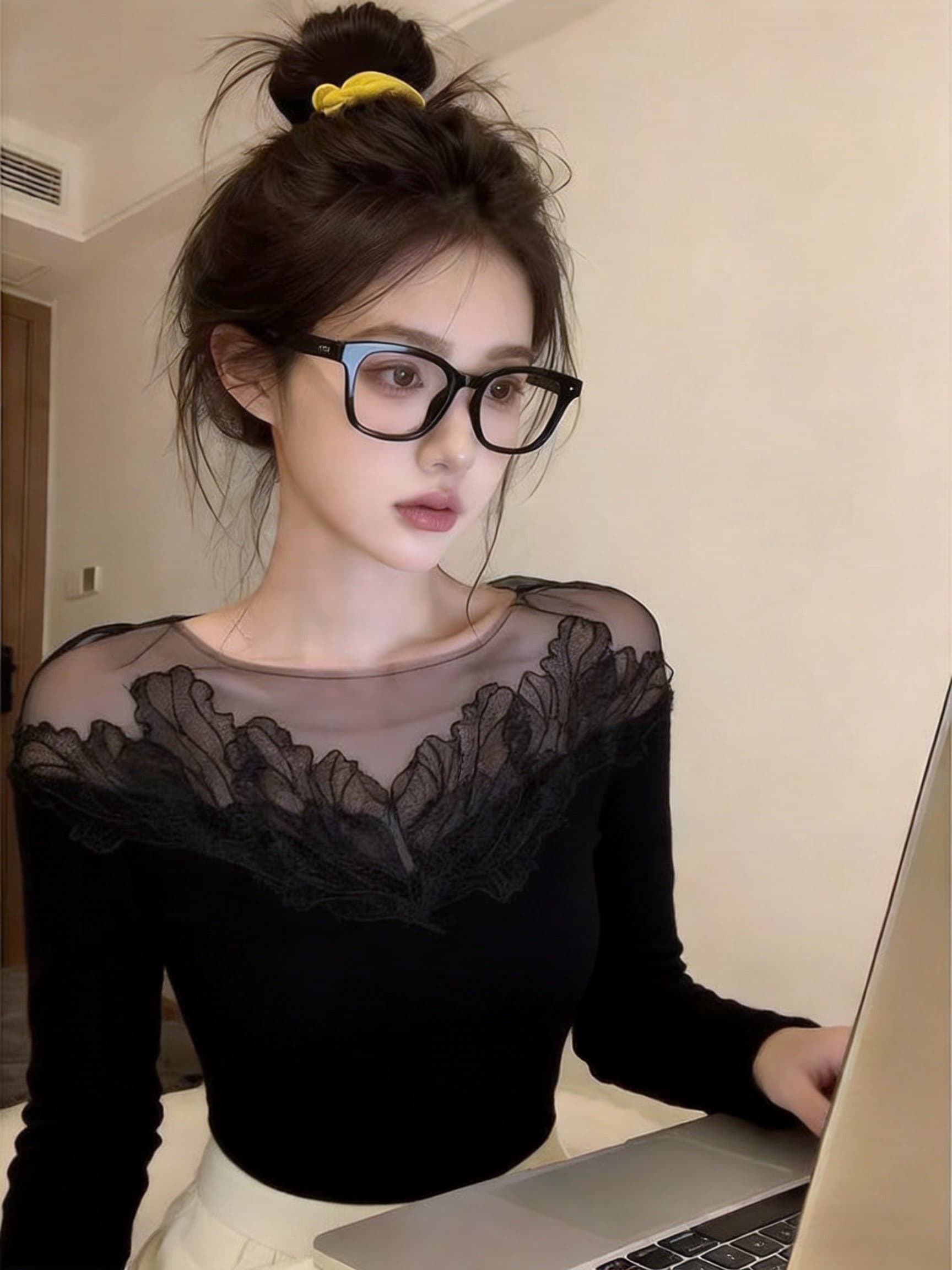 실사 프랑스식 망사 패치워크 레이스 긴팔 맨위 몸매 가꾸기 슬림해 보이는 다용도 우아함 품격 만나는 상세 이미지 16