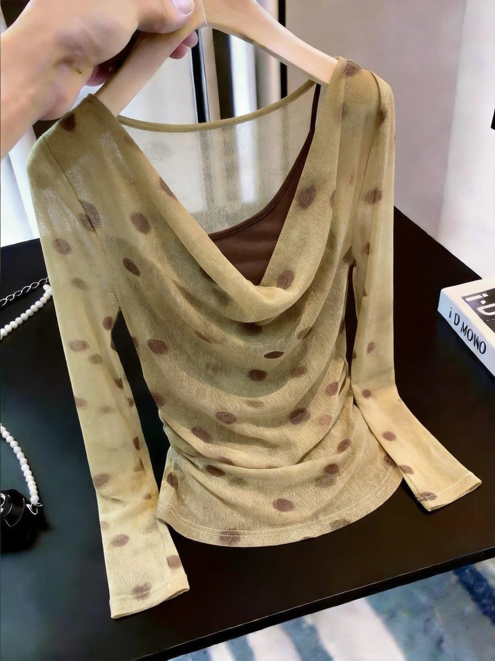 실사 프랑스식 흔들다 칼라 도트 무늬 긴팔 맨위 마이크로 ~을 통해 펌프 Pleat 몸매 가꾸기 슬림해 보이는 품격 다용도 여성 의류 상세 이미지 2