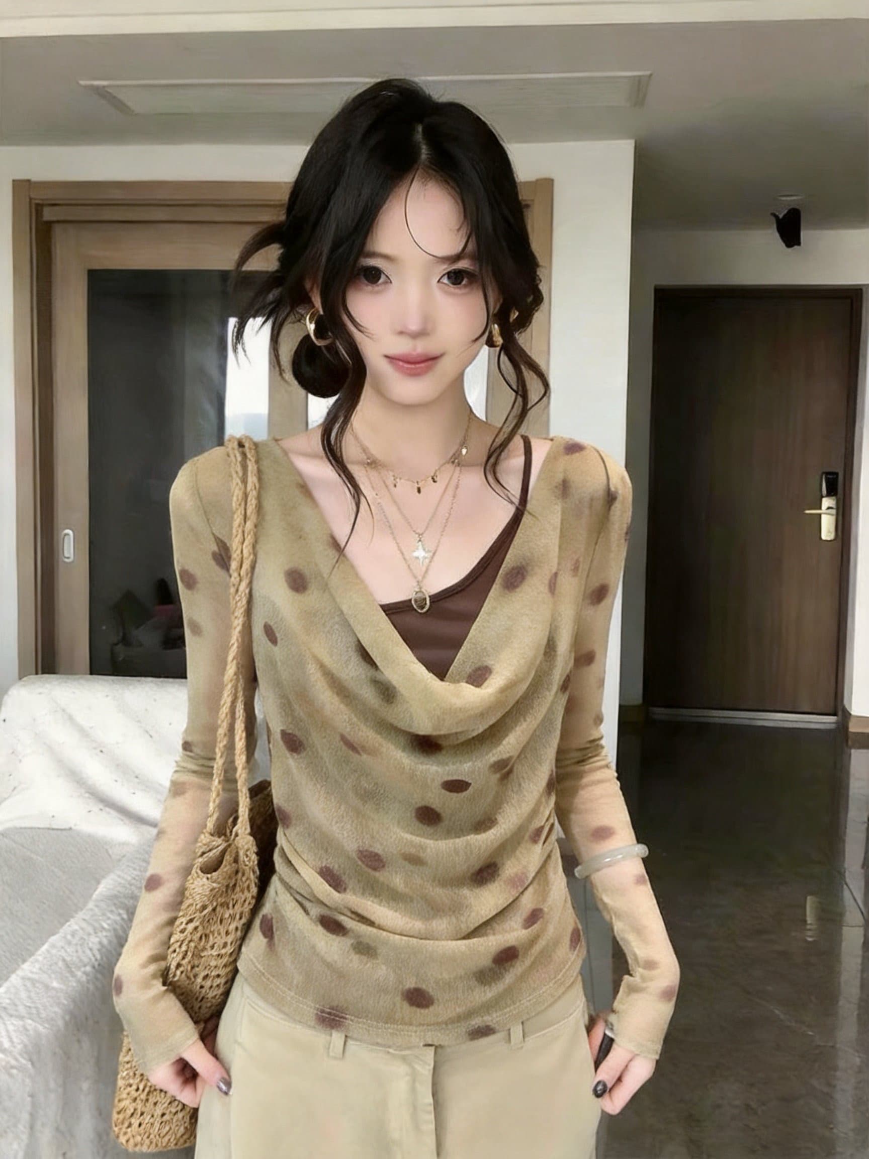 실사 프랑스식 흔들다 칼라 도트 무늬 긴팔 맨위 마이크로 ~을 통해 펌프 Pleat 몸매 가꾸기 슬림해 보이는 품격 다용도 여성 의류 상세 이미지 8