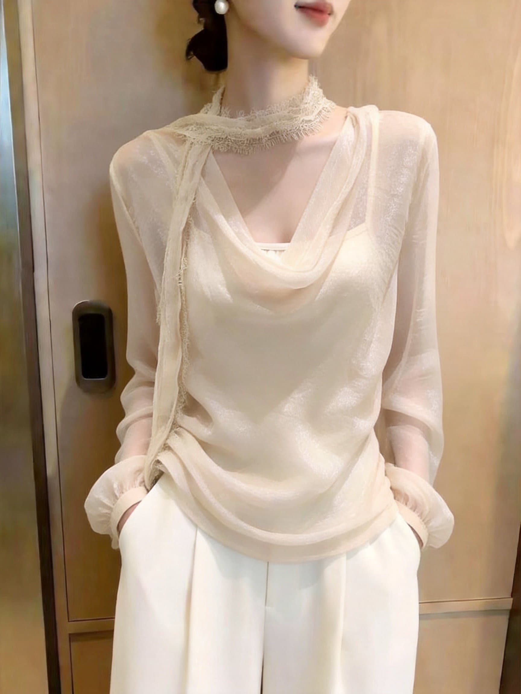 실사 디자인 센스 술 행침 목 리본 긴팔 맨위 마이크로 플래시 흔들다 칼라 슬림해 보이는 다용도 품격 여성 상세 이미지 7
