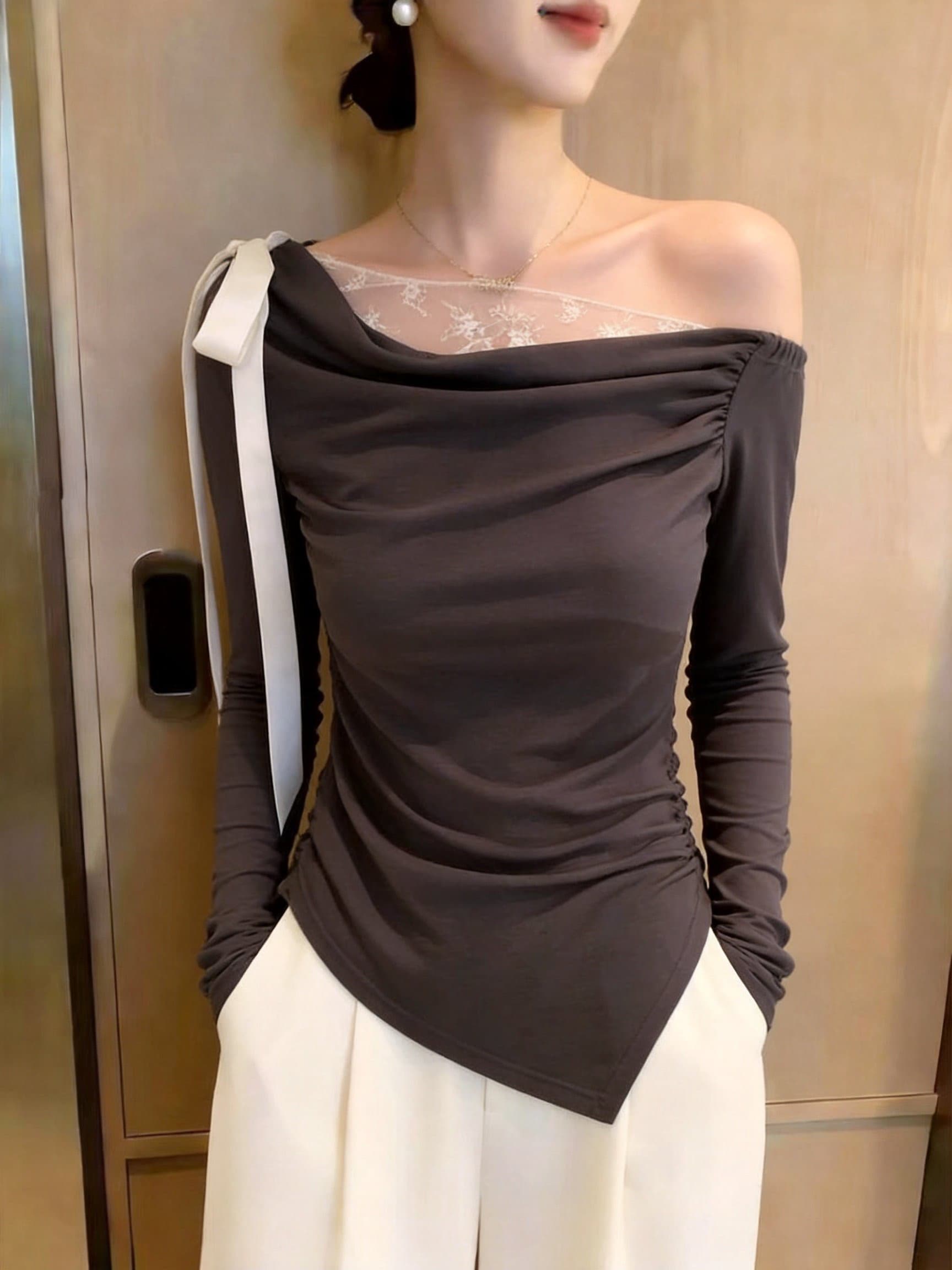 실사 디자인 센스 비스듬한 어깨 레이스업 나비 매듭 긴팔 맨위 패치워크 레이스 펌프 Pleat 슬림해 보이는 품격 이미지 3