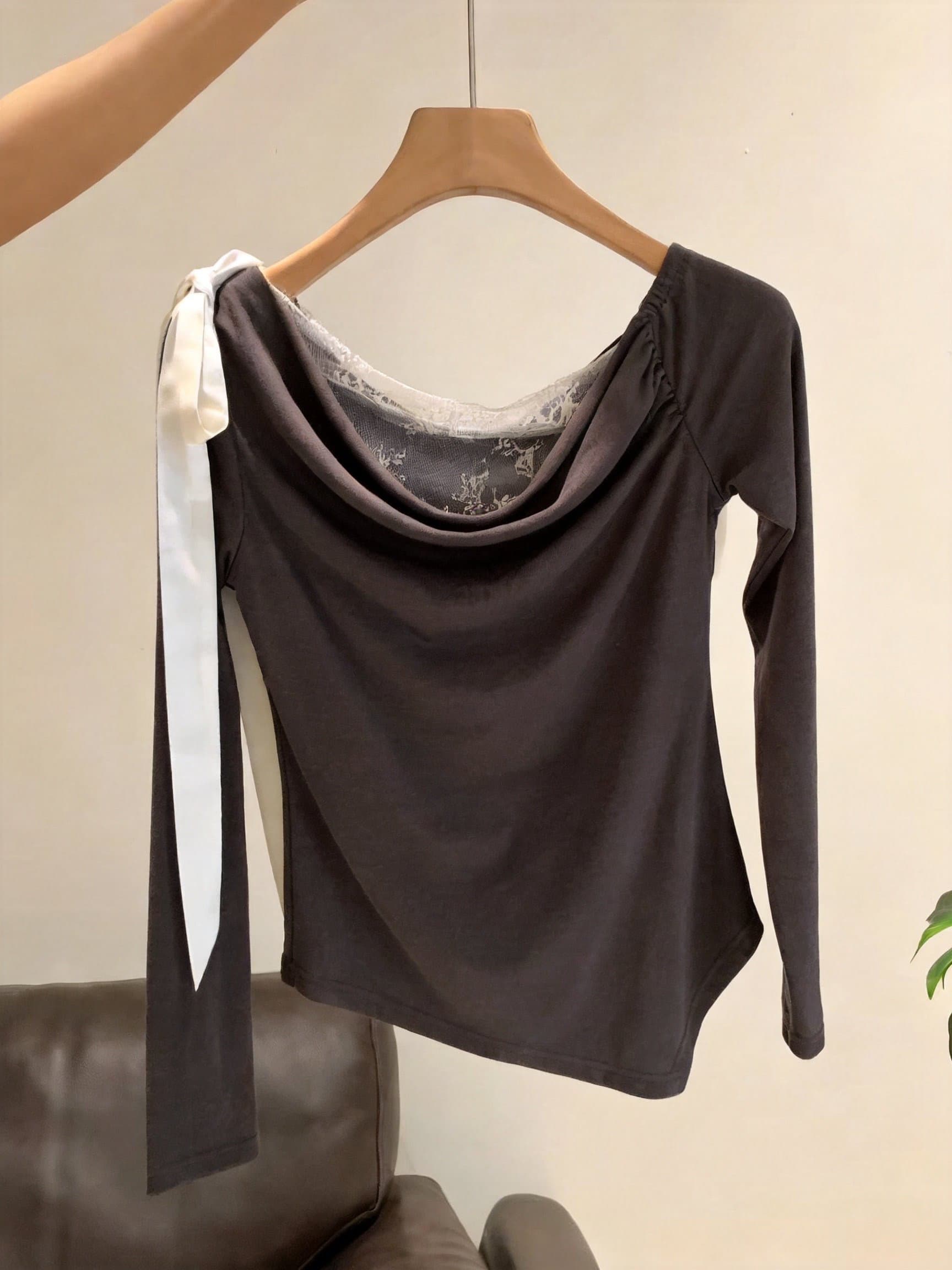 실사 디자인 센스 비스듬한 어깨 레이스업 나비 매듭 긴팔 맨위 패치워크 레이스 펌프 Pleat 슬림해 보이는 품격 상세 이미지 13