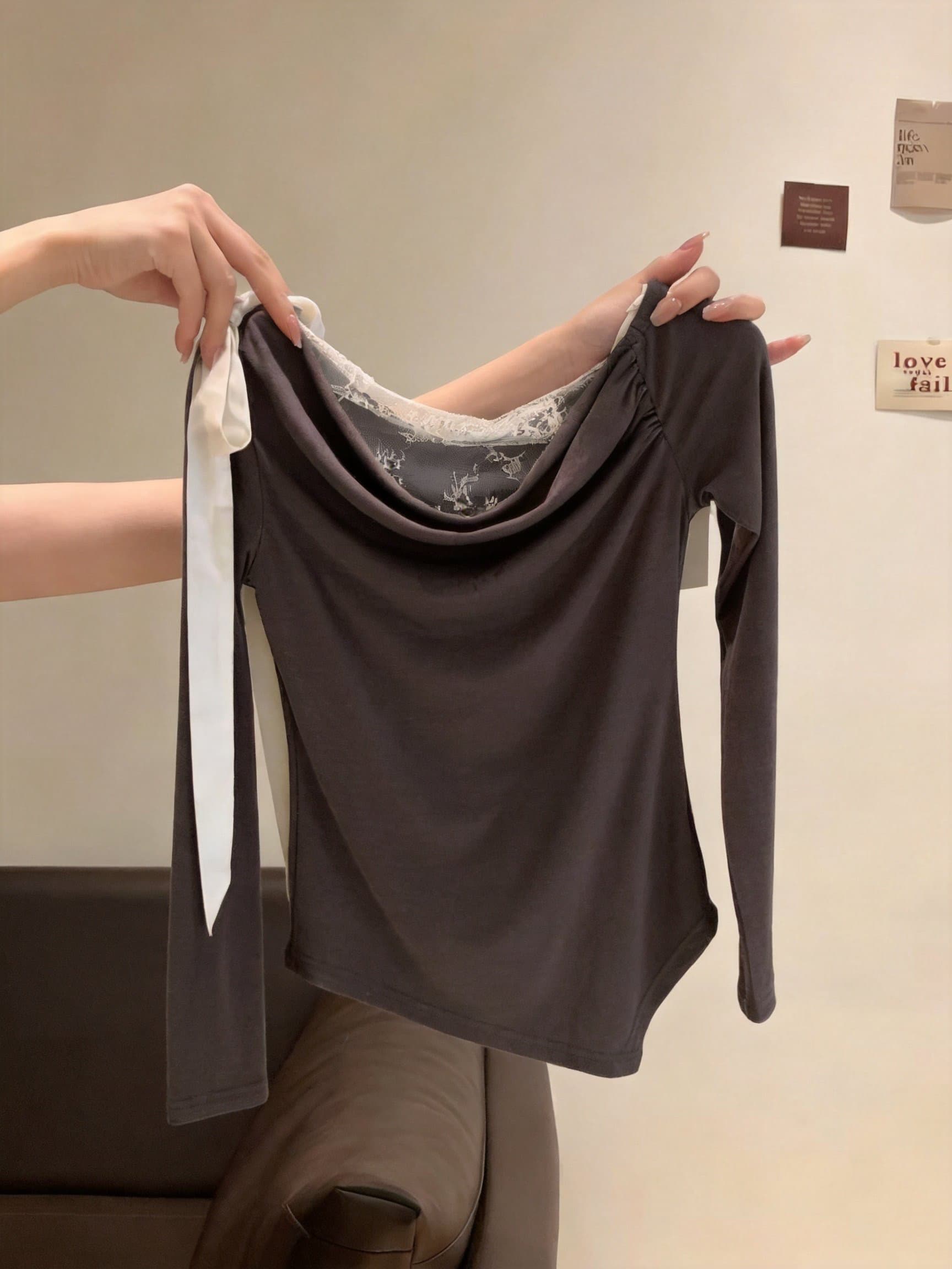 실사 디자인 센스 비스듬한 어깨 레이스업 나비 매듭 긴팔 맨위 패치워크 레이스 펌프 Pleat 슬림해 보이는 품격 상세 이미지 14