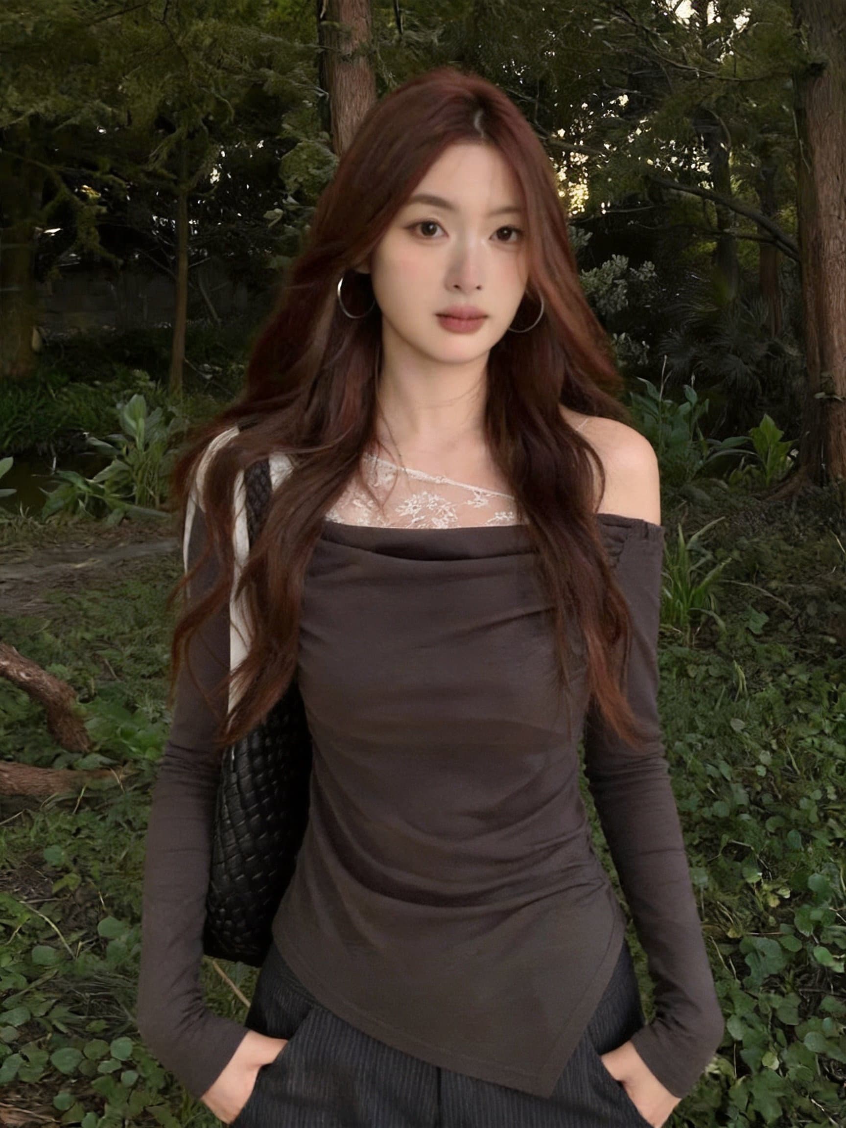 실사 디자인 센스 비스듬한 어깨 레이스업 나비 매듭 긴팔 맨위 패치워크 레이스 펌프 Pleat 슬림해 보이는 품격 상세 이미지 19
