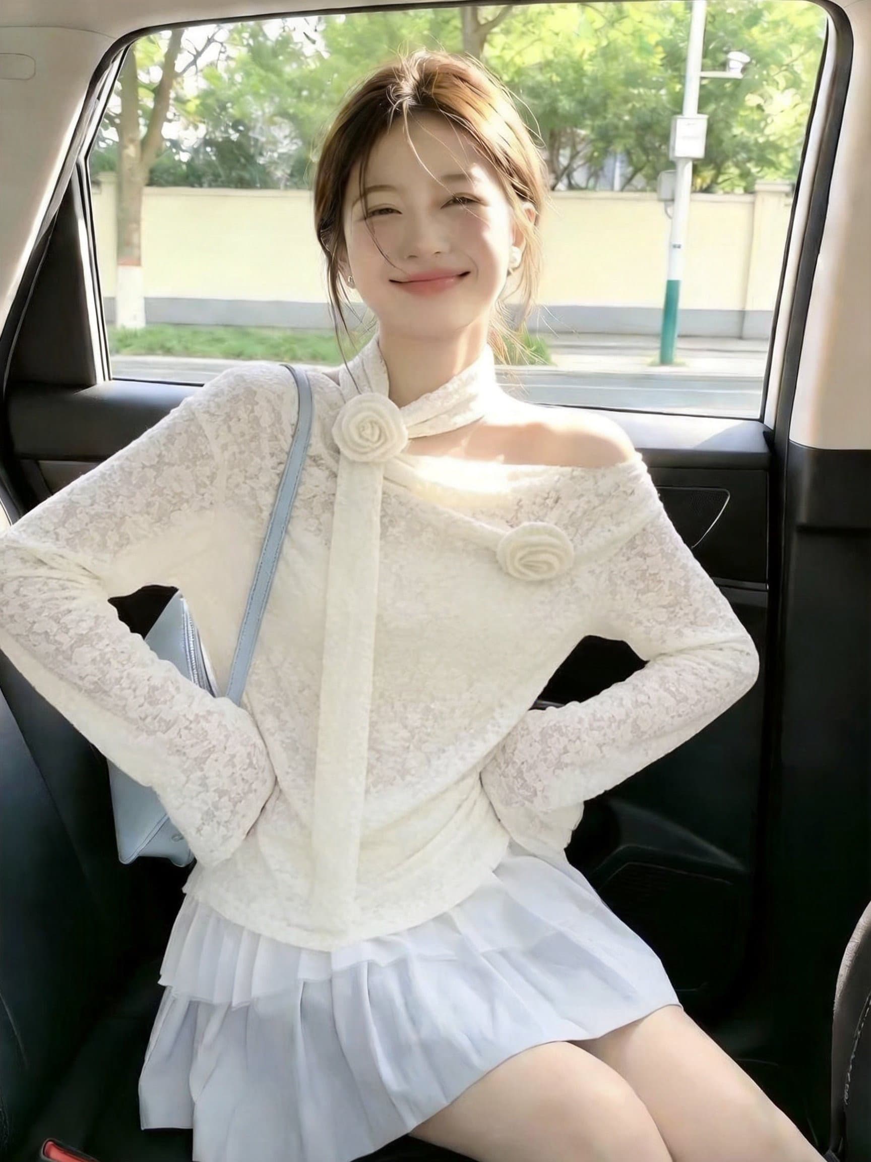 실사 프랑스식 행침 목 오프숄더 3 차원 꽃 긴팔 맨위 레이스 질감 슬림해 보이는 품격 요정 가스
