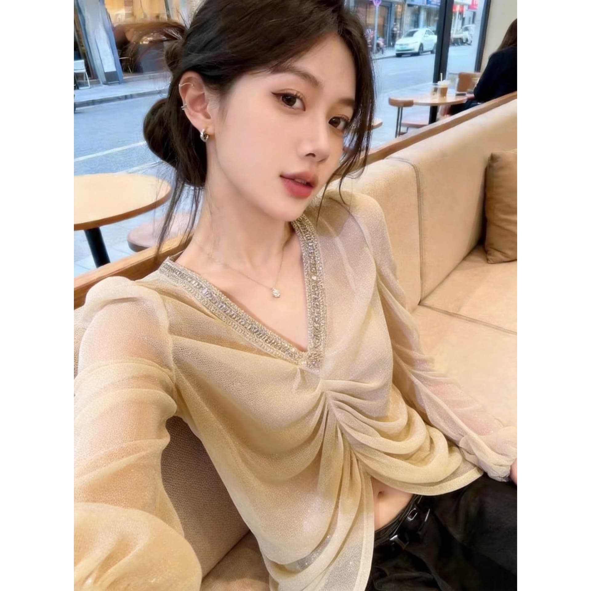 실사 무거운 작업 스와로브스키 V넥 펌프 Pleat 긴팔 맨위 마이크로 플래시 시스루 거품 소매 슬림해 보이는 품격 섹션 이미지 5