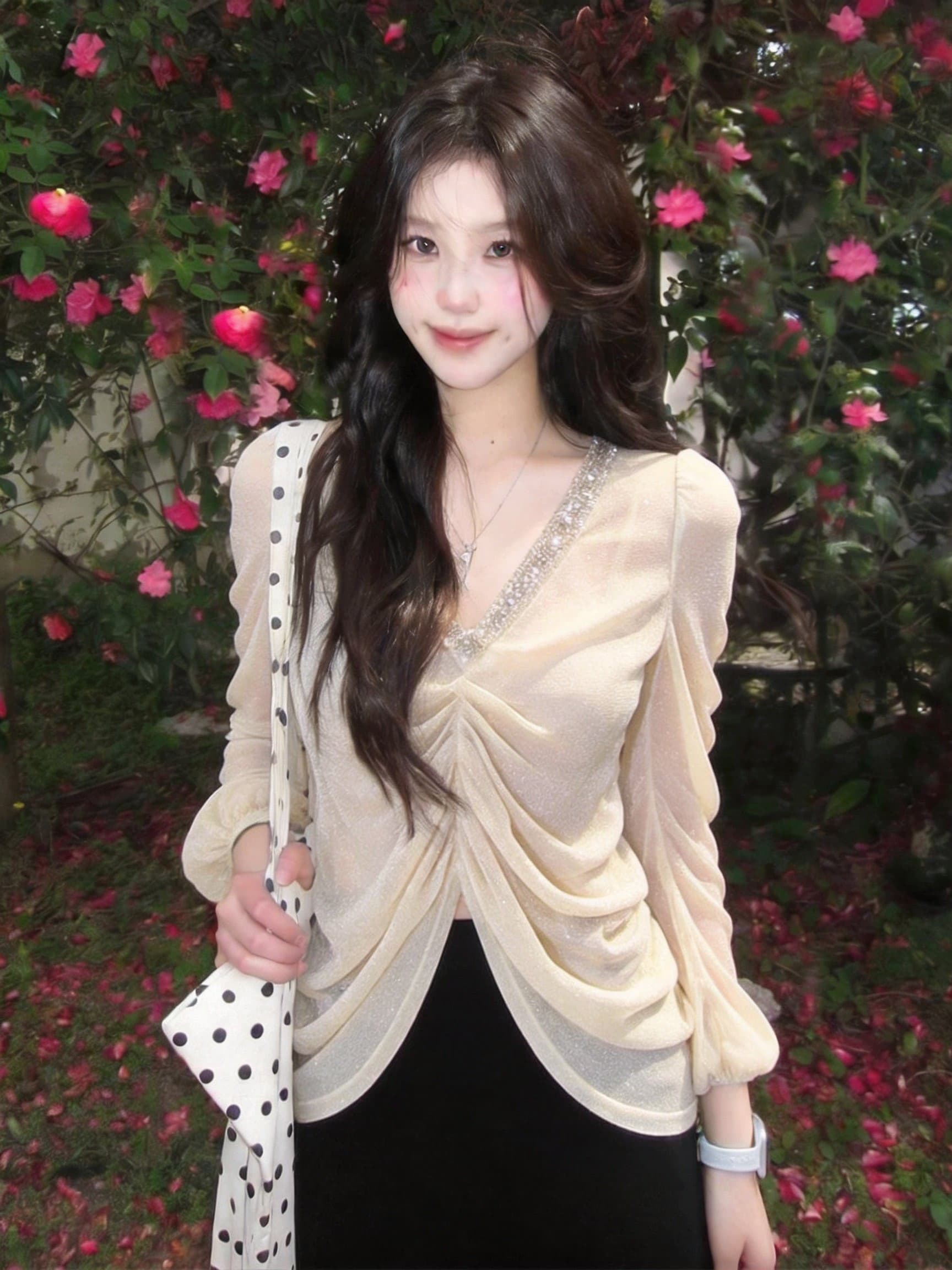 실사 무거운 작업 스와로브스키 V넥 펌프 Pleat 긴팔 맨위 마이크로 플래시 시스루 거품 소매 슬림해 보이는 품격 섹션 상세 이미지 3