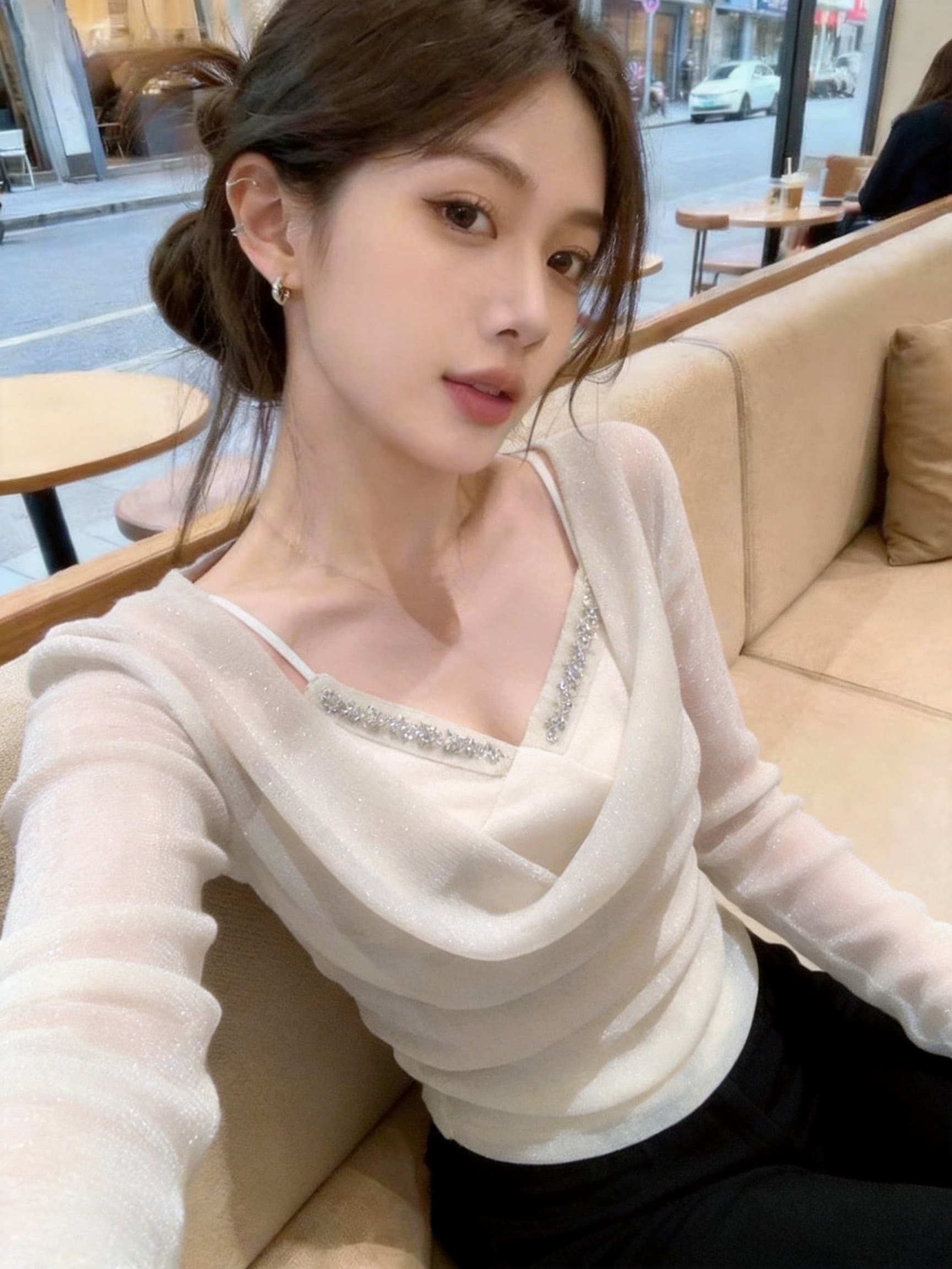 실사 법 마이크로 플래시 흔들다 칼라 패치워크 스와로브스키 슬립 긴팔 맨위 슬림해 보이는 다용도 품격 여성 의류 상세 이미지 9