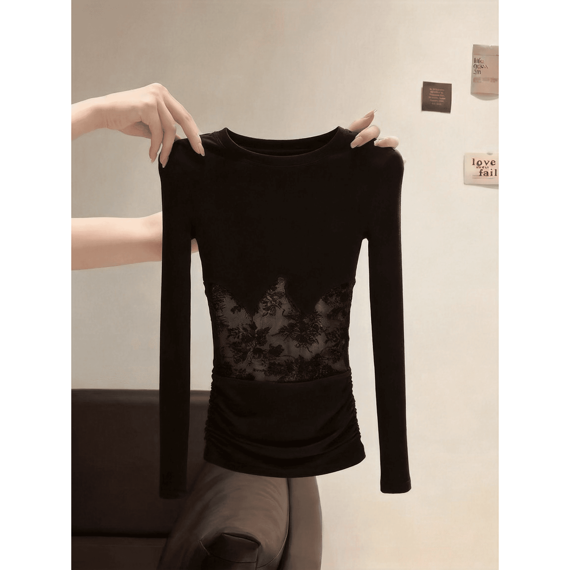 실사 디자인 센스 라운드 넥 패치워크 레이스 긴팔 맨위 허리 시스루 펌프 Pleat 슬림해 보이는 순수한 욕망 섹션 이미지 5